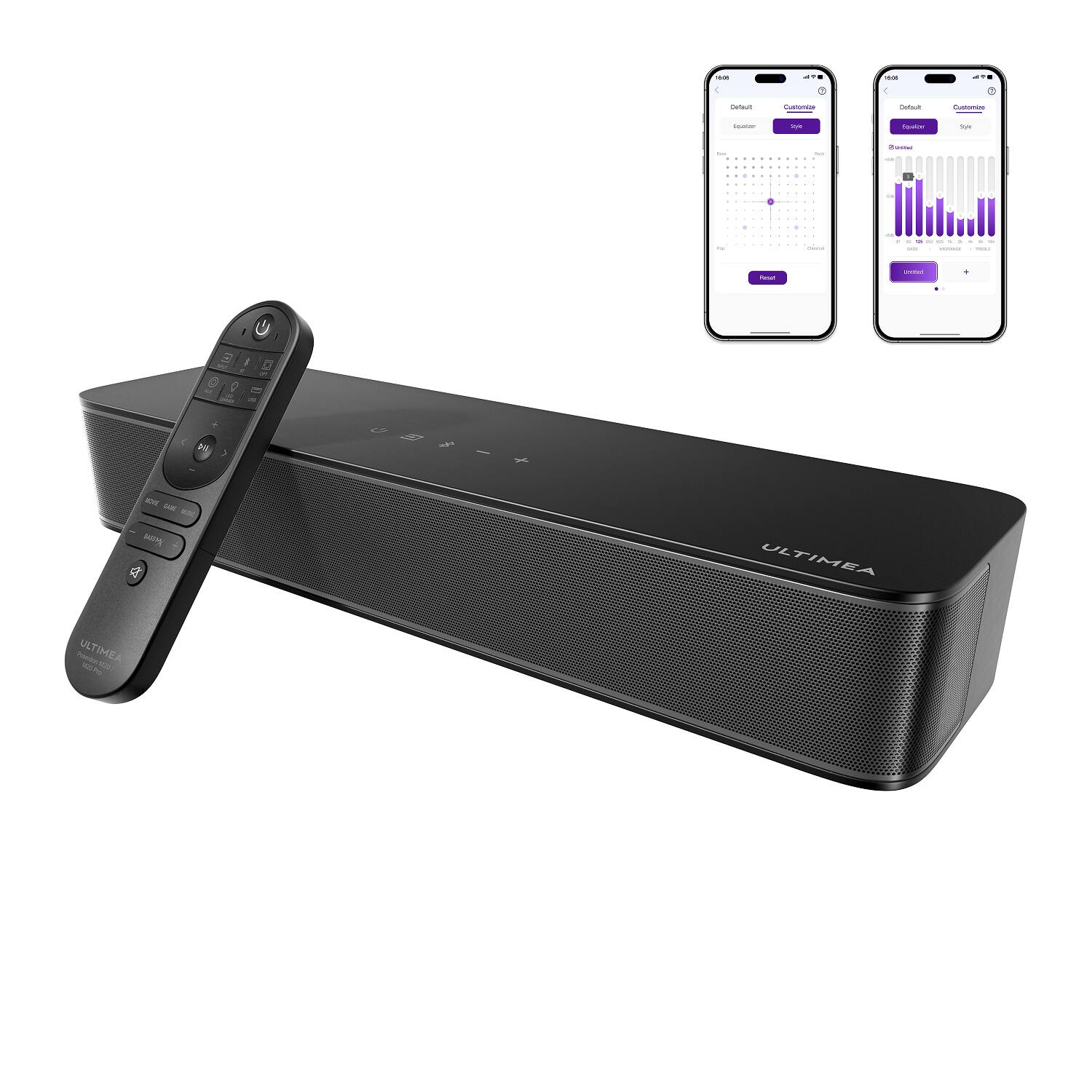 Ultimea - Poseidon M20 2.1ch Compact Sound Bar, Built-in Subwoofer, App Control, 120W, Bluetooth 5.4, OPT/AUX, Wall Mount - Black