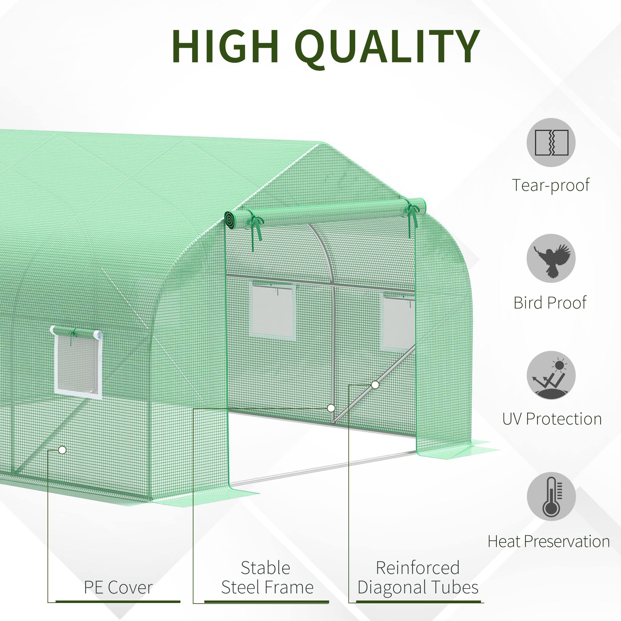 HIGH QUALITY

Tear-proof
Bird Proof
UV Protection
PE Cover
Stable Steel Frame
Heat Preservation
Reinforced Diagonal Tubes