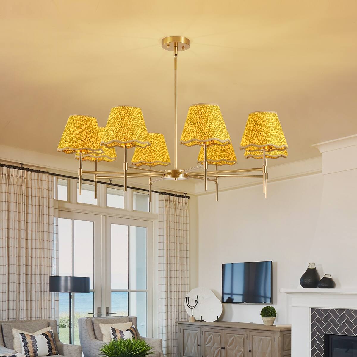 Angle. Loheer - Loheer Gold Boho Chandelier, 8 Light Rattan Pendant Fixture for Dining Room and Living Room.
