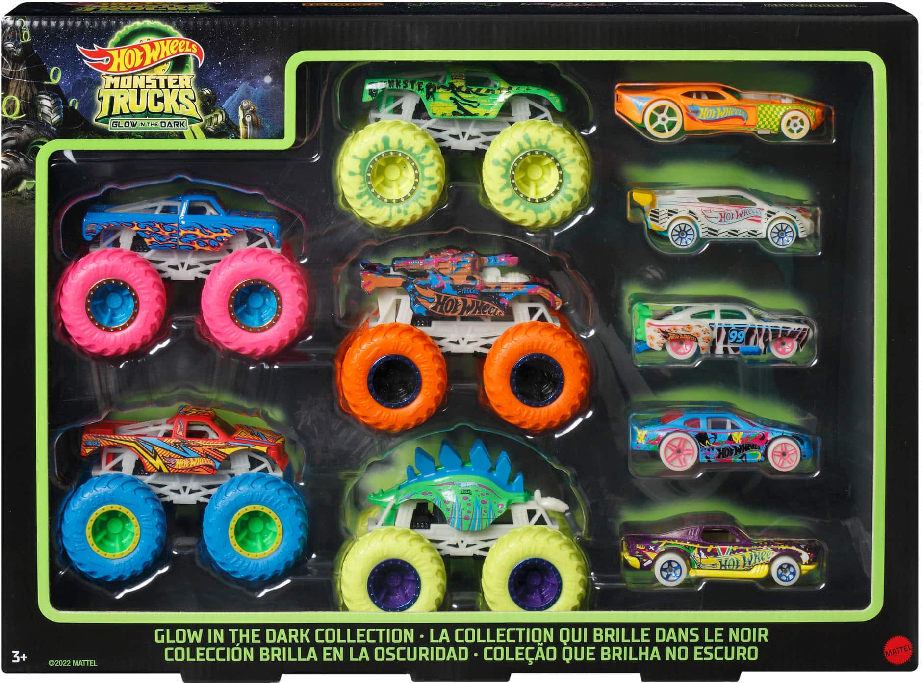 The text on the image reads: "HOW & WHY - IO HOL WHEELS MONSTER TRUCKS GLOW IN THE DARK COLLECTION LA COLLECTION QUI BRILLE DANS LE NOIR COLECCION BRILLA EN LA OSCURIDAD COLECCION QUE BRILHA NO ESCURO MATTEL."
Corrected text: "HOW & WHY - IO HOL WHEELS MONSTER TRUCKS GLOW IN THE DARK COLLECTION LA COLLECTION QUI BRILLE DANS LE NOIR COLECCION BRILLA EN LA OSCURIDAD COLECCION QUE BRILHA NO ESCURO MATTEL."