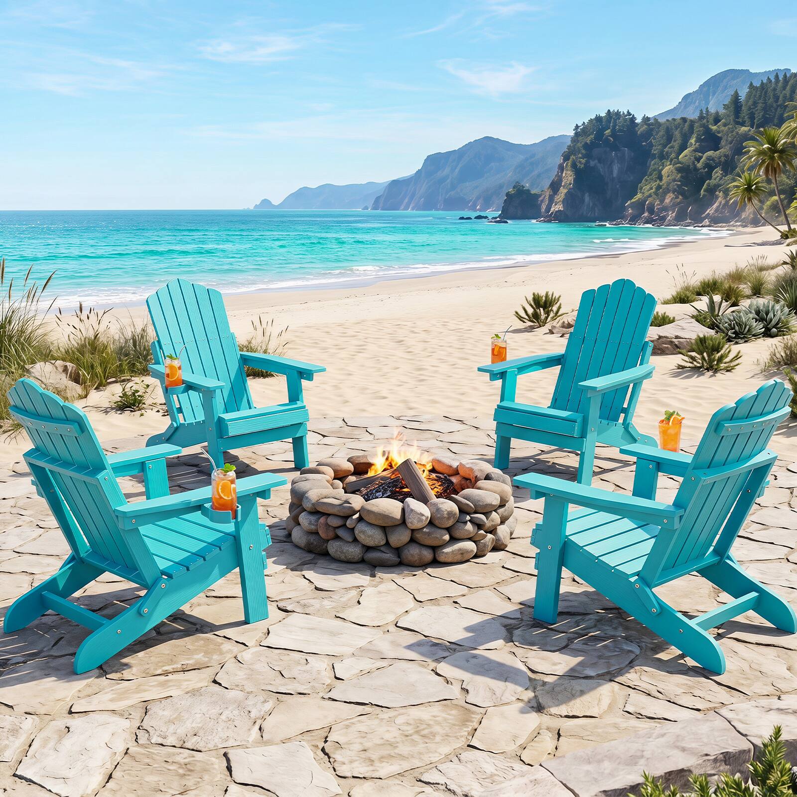 Alt View 1. Gymax - Gymax 4PCS Folding Adirondack Chair w/ 5-Level Backrest Wooden Textured for Lawn Turquoise - Green.