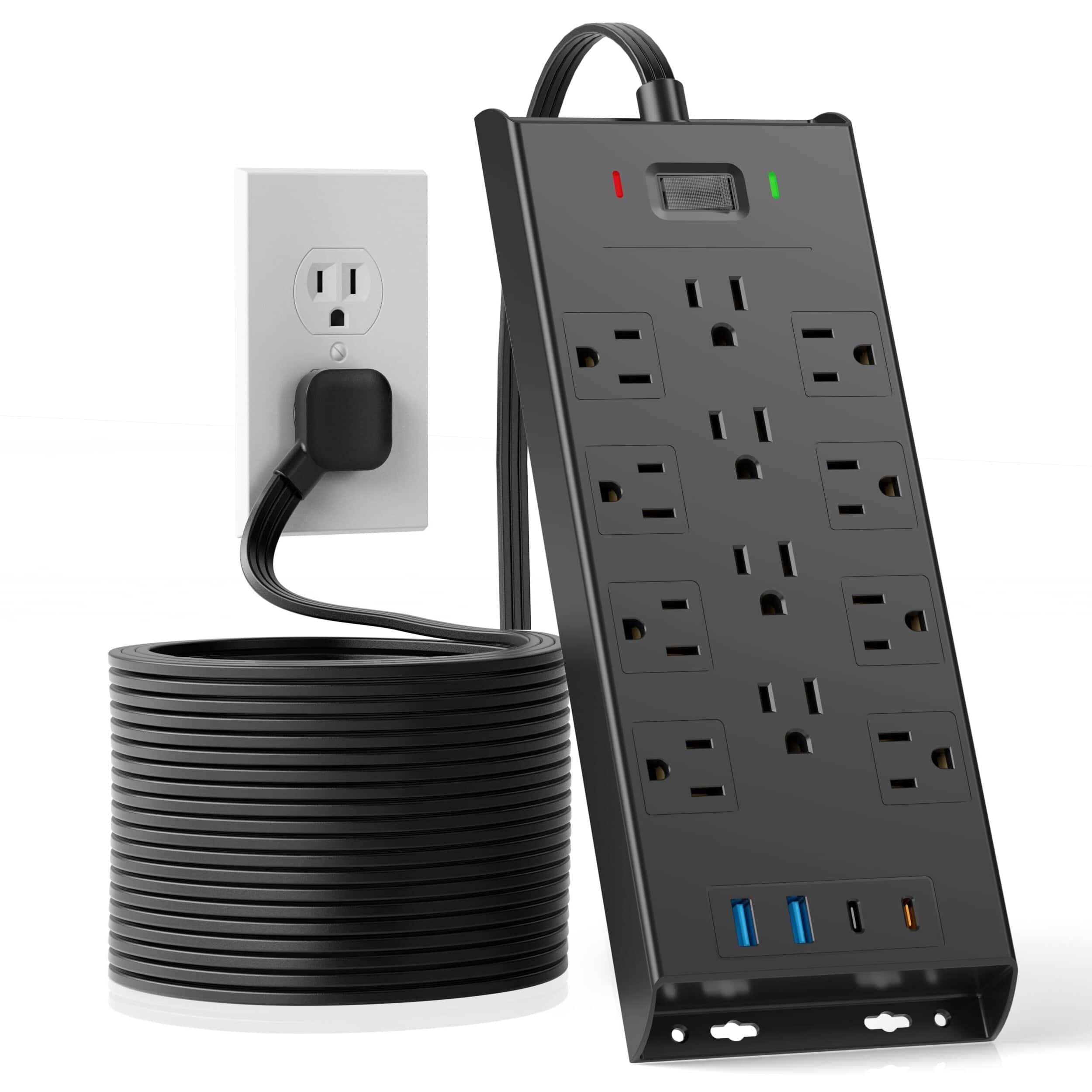 Dazzed Corner - Protector Power Strip Wall Mountable, 10Ft Long Extension Cord Flat Plug, 12 Outlets 2 USB C 2 USB Ports - Black