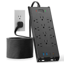 Dazzed Corner - Protector Power Strip Wall Mountable, 10Ft Long Extension Cord Flat Plug, 12 Outlets 2 USB C 2 USB Ports - Black
