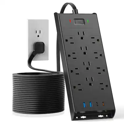 Front. Dazzed Corner - Protector Power Strip Wall Mountable, 10Ft Long Extension Cord Flat Plug, 12 Outlets 2 USB C 2 USB Ports - Black.