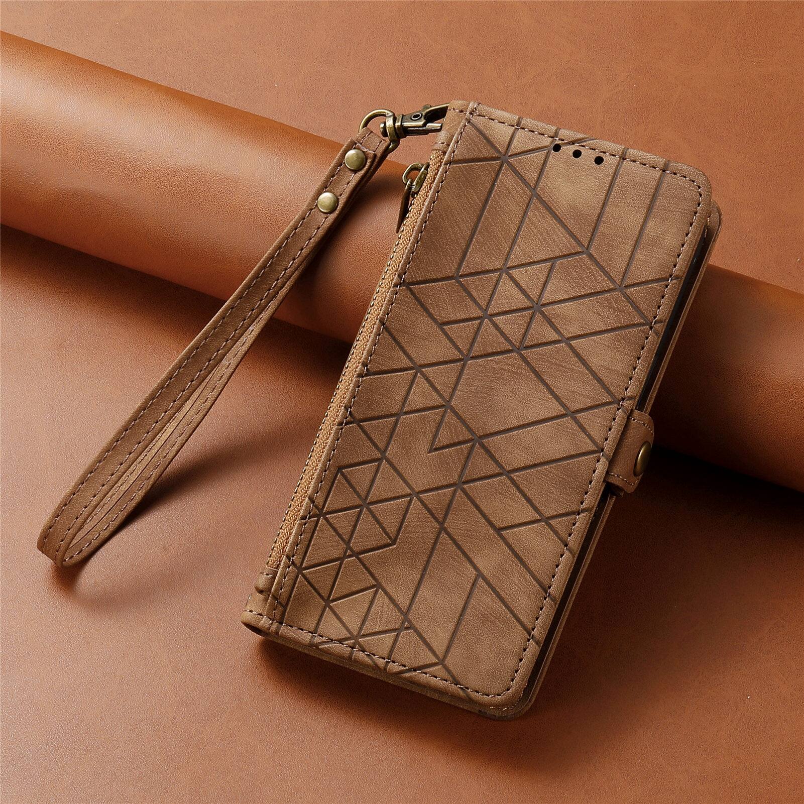 Left. Dteck - For Samsung S25 Ultra Zipper Wallet PU Leather Handbag Purse Flip Kickstand Folio Card Slots Holder Wrist Strap Cover - Brown.