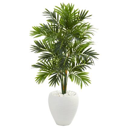 Front. BreeBe - 4' Areca Artificial Palm Tree in White Planter - Green.