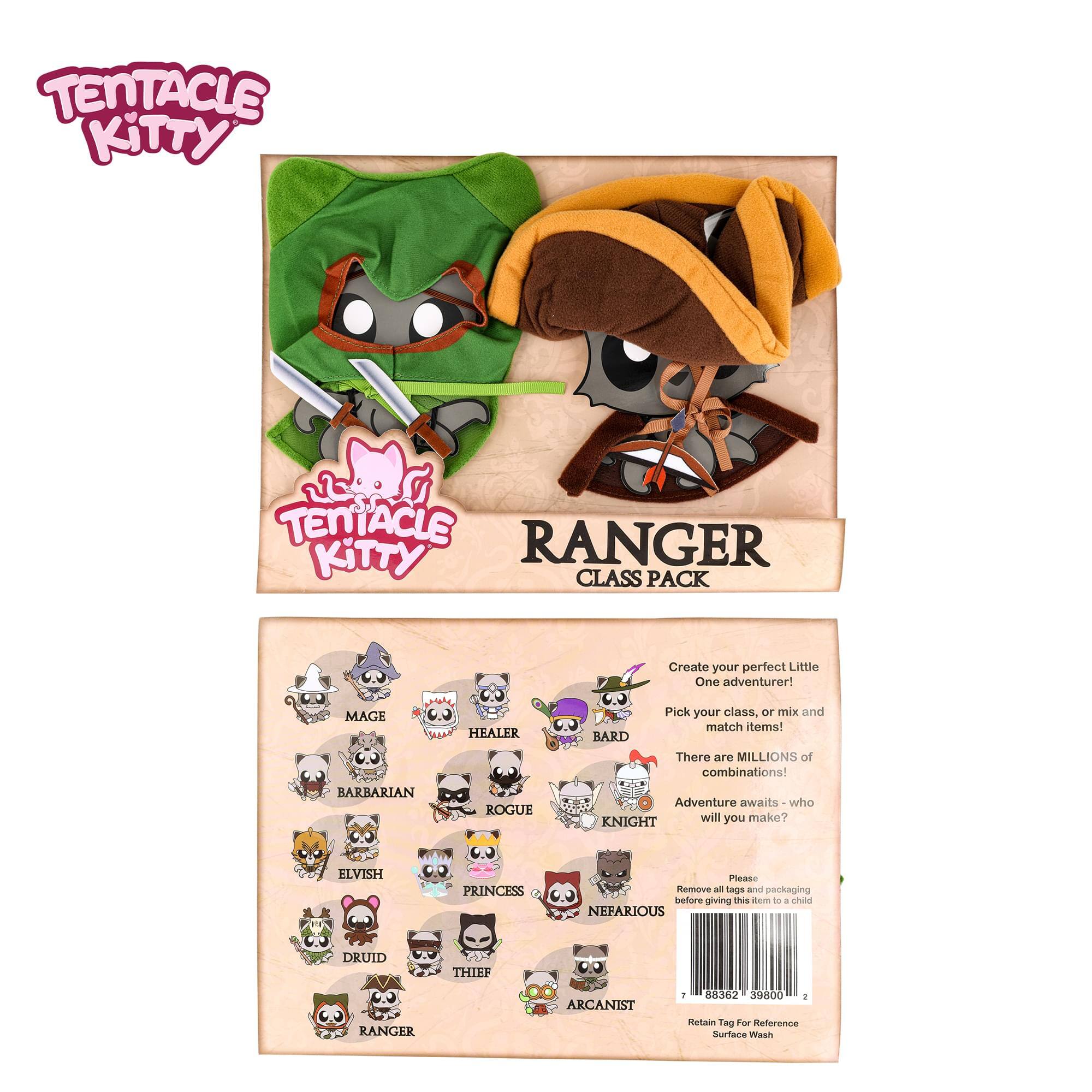 TENTACLE KITTY  
TENTACLE RANGER KITTY CLASS PACK  

Create your perfect Little One adventurer!  
MAGE BARBARIAN HEALER ROGUE  
Pick your class, or mix and match items!  
BARD  
There are MILLIONS of combinations!  
Adventure awaits who KNIGHT wil you make?  
ELVISH PRINCESS  
NEFARIOUS DRUID THIEF RANGER ARCANIST  

Please Remove all tags and packaging before giving this to a child  

Retain Tag For Reference  
Surface Wash  

88362 39800