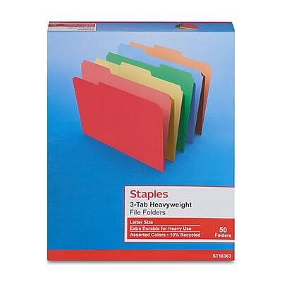 Staples  
3-Tab Heavyweight File Folders  
Letter Size for Heavy Use  
Assorted Colors - 10% Recycled  
50 Folders  
ST18363