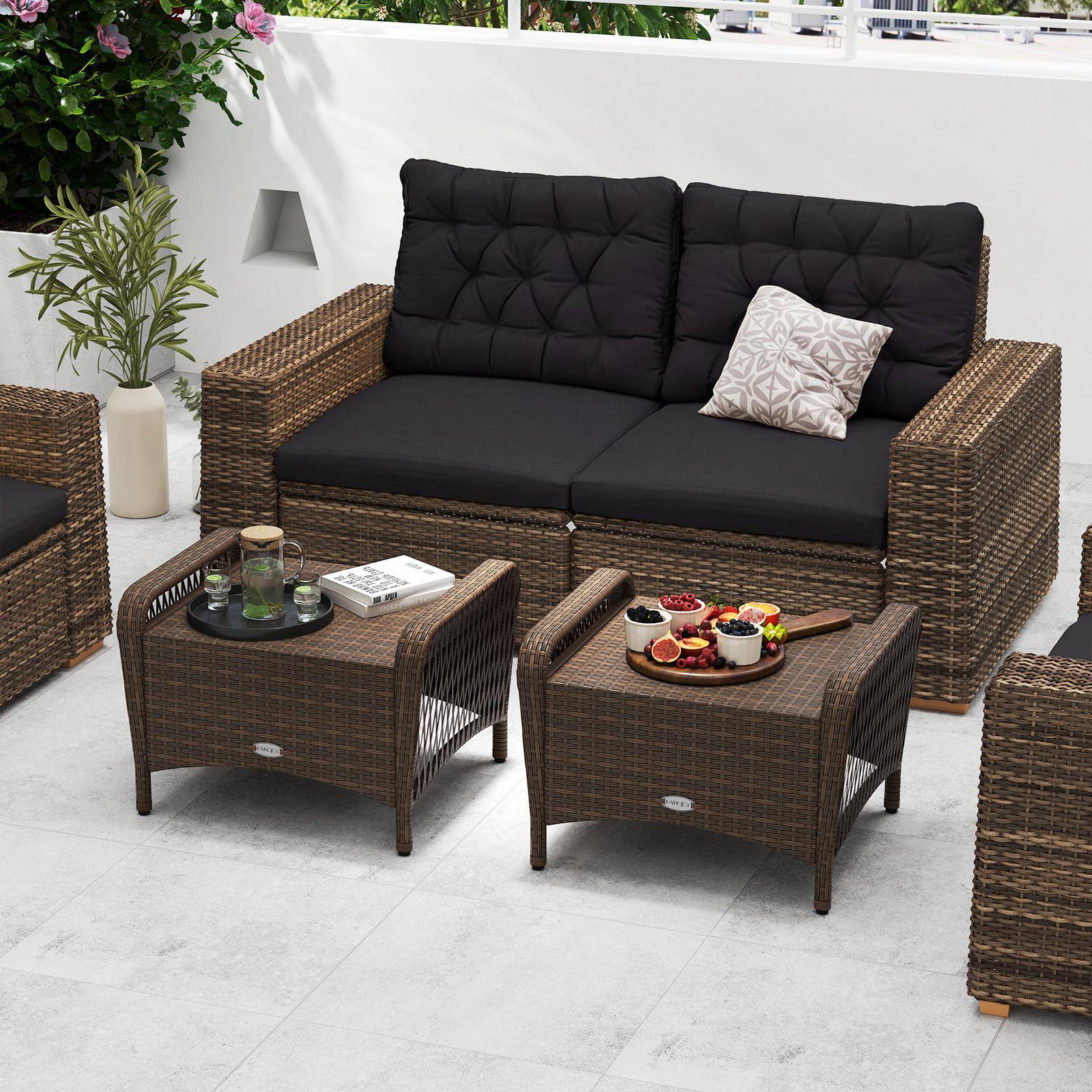 Alt View 4. Costway - Costway 2 Pieces Outdoor Patio PE Wicker Ottomans with Removable Cushions for Porch, Garden - Mix Brown+Black.