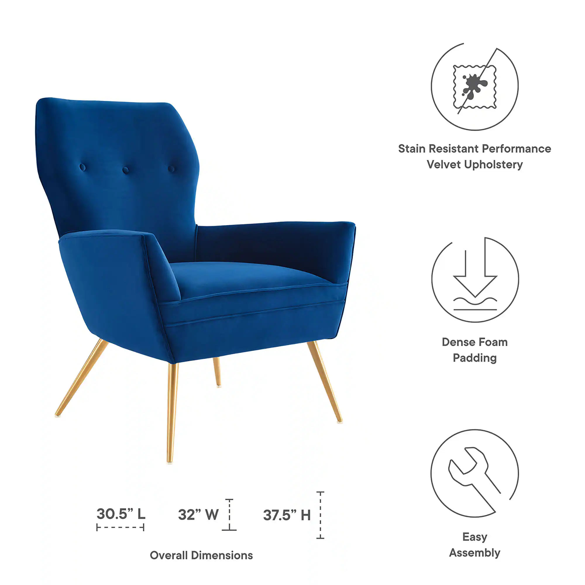 - Stain Resistant Performance Velvet Upholstery
- Dense Foam Padding
- Overall Dimensions: 30.5" L x 32" W x 37.5" H
- Easy Assembly