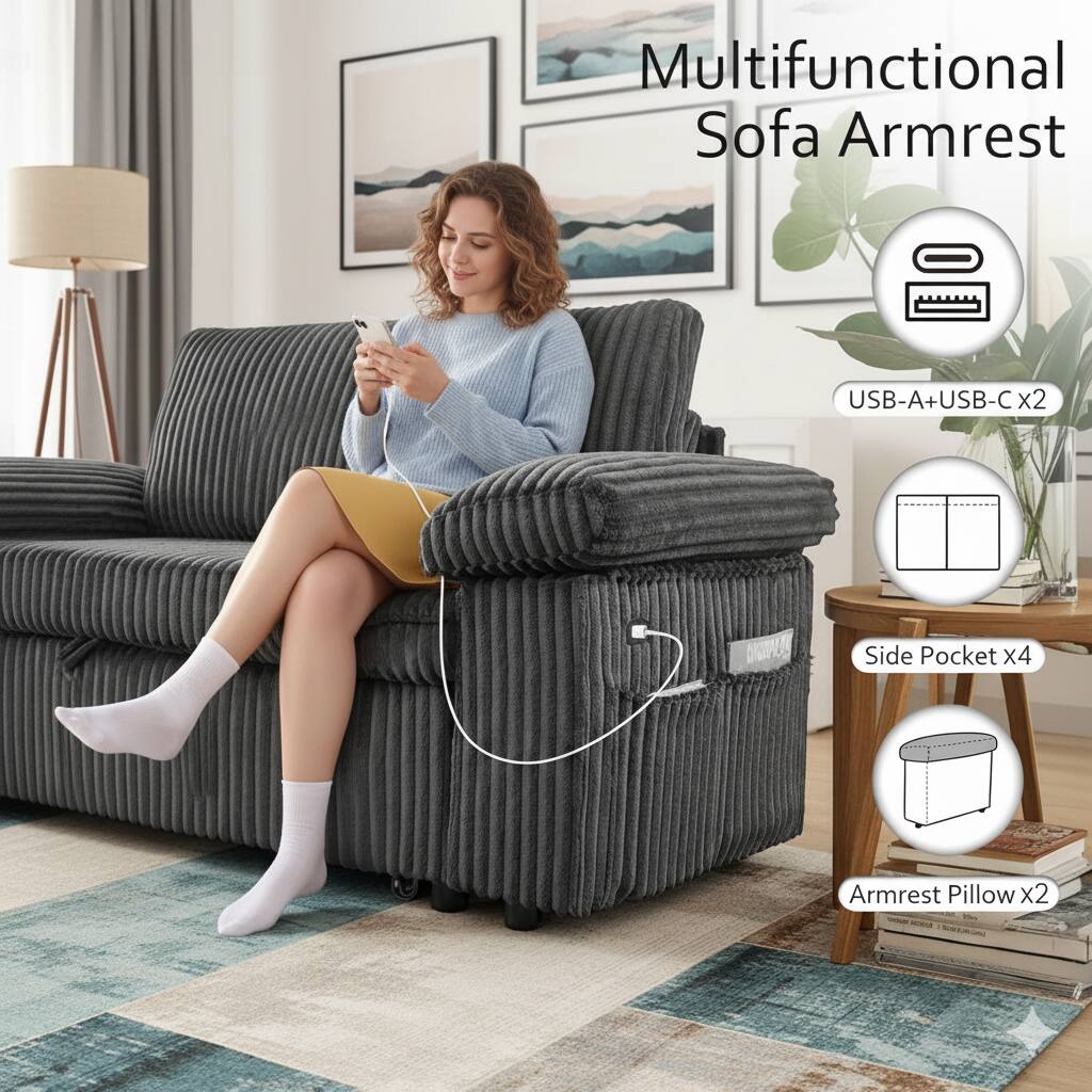 Multifunctional Sofa Armrest  
USB-A+USB-C x2  
Side Pocket x4  
Armrest Pillow x2