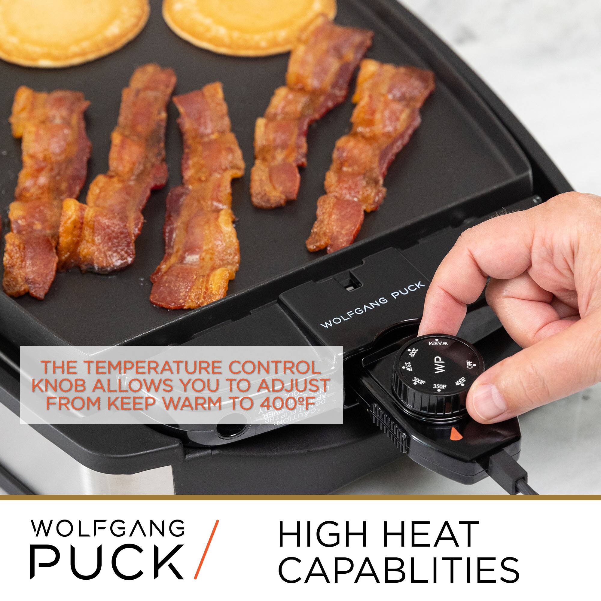 The temperature control knob allows you to adjust from keep warm to 400°F.

Wolfgang Puck

High heat capabilities