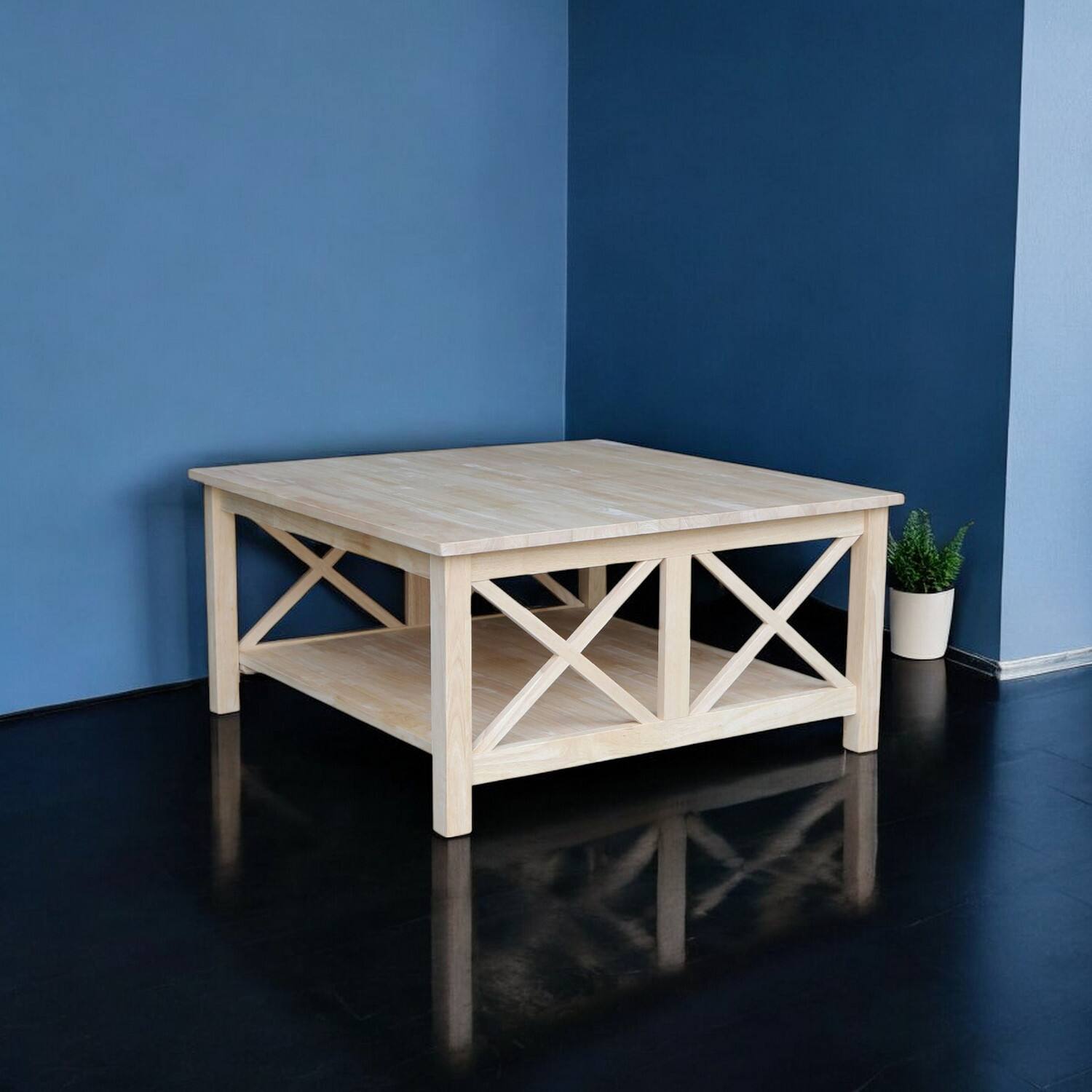 Left. SlickBlue - Square Unfinished Coffee Table with Lower Display Shelf - Natural.
