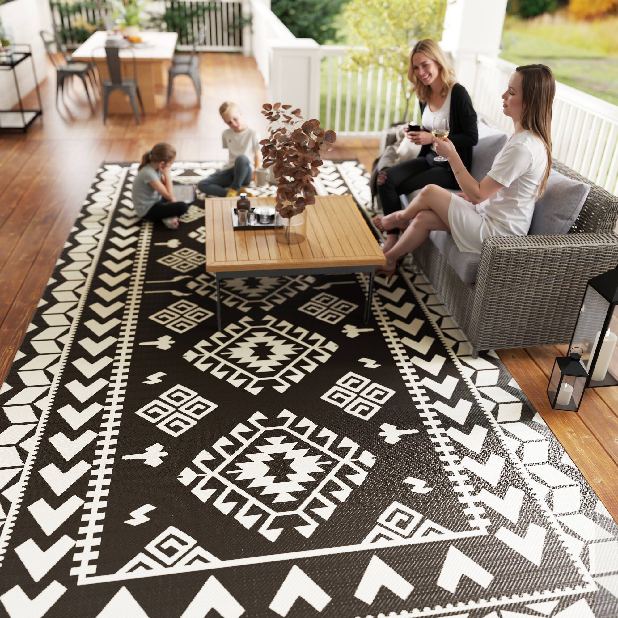 Alt View 8. Outsunny - Outdoor Rug for Patio, 9' x 18' Waterproof Large Mat, Reversible Plastic Straw Rug for Décor - Black and White Rhombus Patchwork.