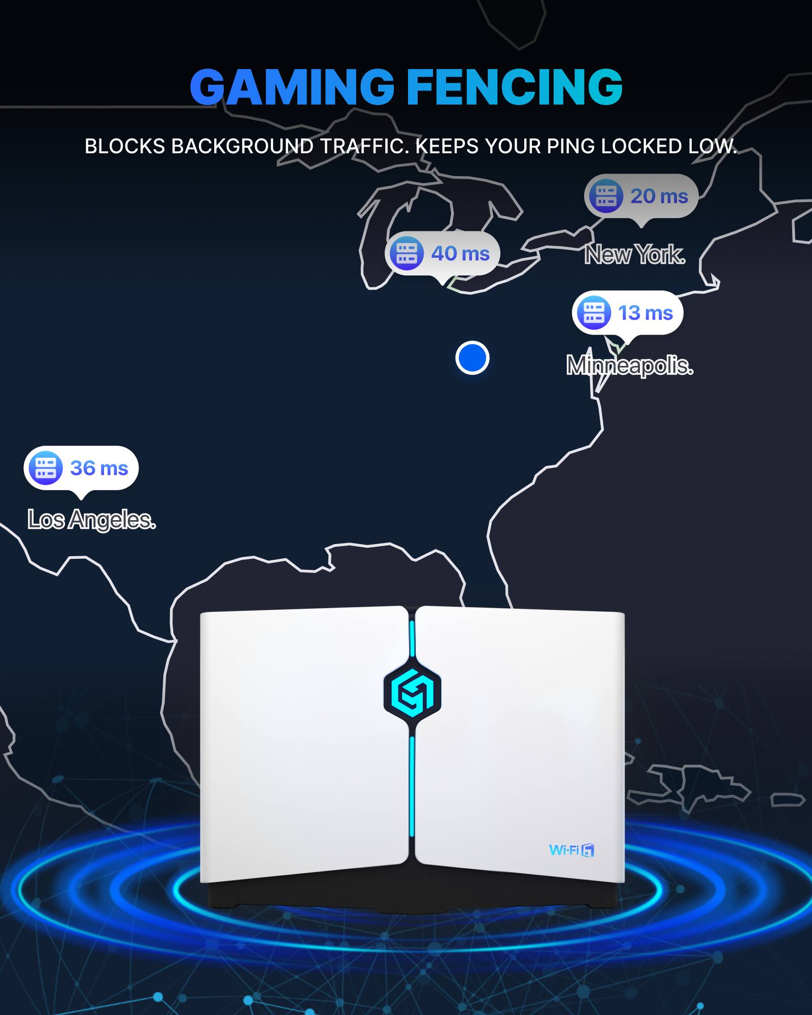 GAMING FENCING  
BLOCKS BACKGROUND TRAFFIC. KEEPS YOUR PING LOCKED LOW.  

20 ms New York  
40 ms Minneapolis  
13 ms Los Angeles  
36 ms  

Wi-Fi