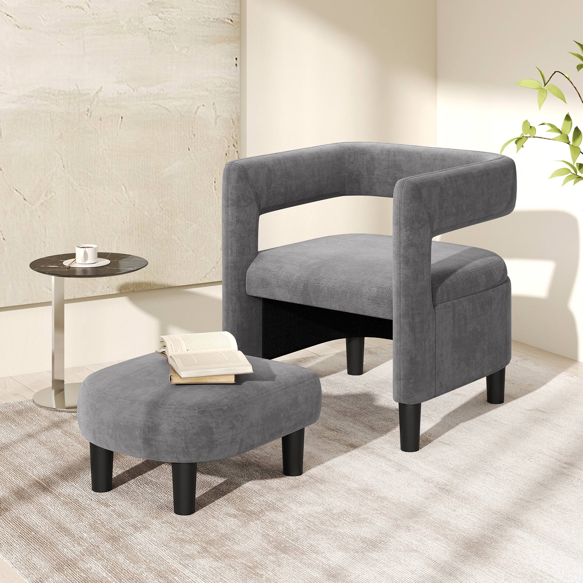 Alt View 1. Costway - Costway Comfy Accent Armchair with Footrest Upholstered Velvet Barrel Chair & Ottoman Set - Dark Gray.