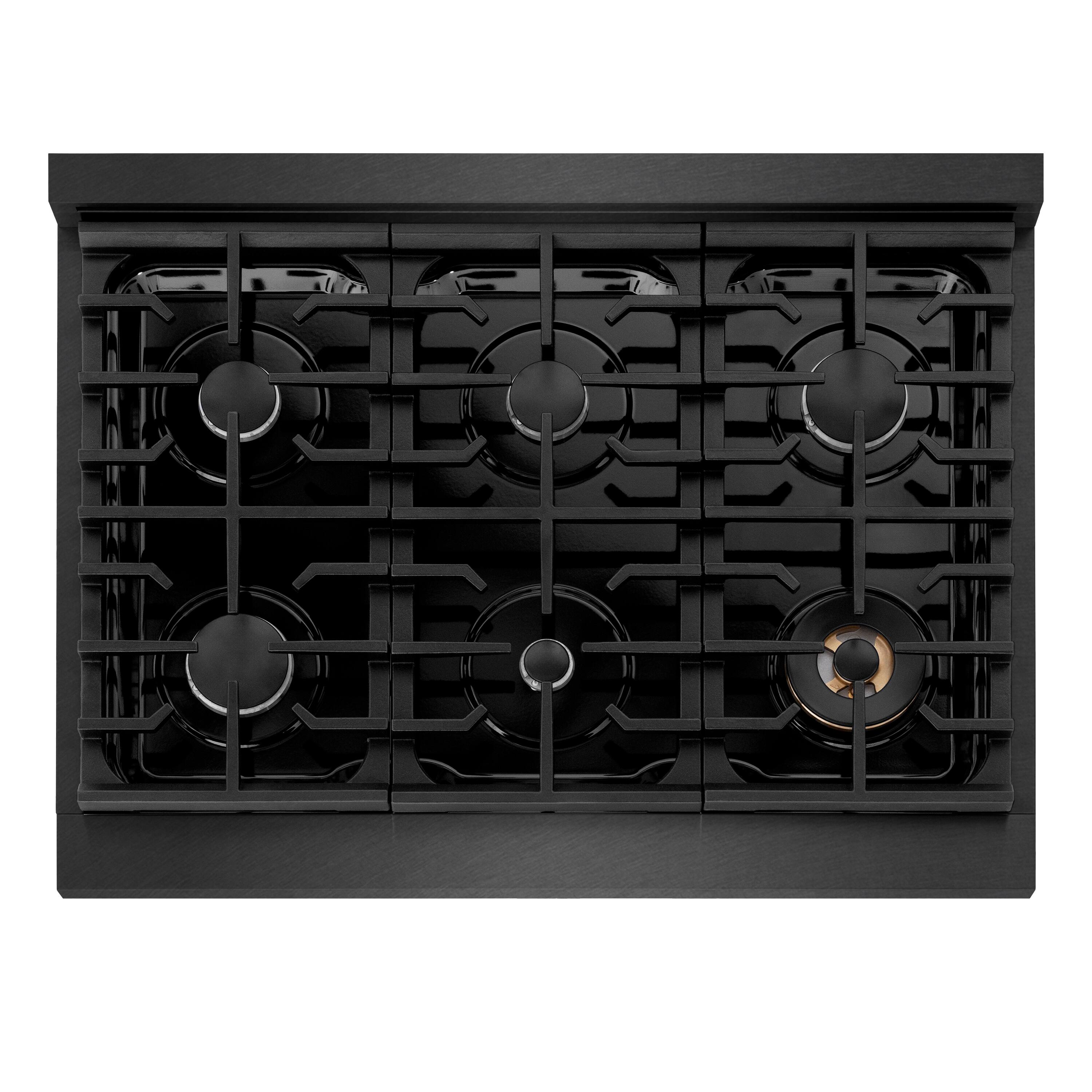 Left. ZLINE - ZLINE 36 in. 5.2 cu. ft. Freestanding Paramount Dual Fuel Range with 6 Burner Gas Cooktop in Black Satin Stainless Steel - Black Satin Stainless Steel.