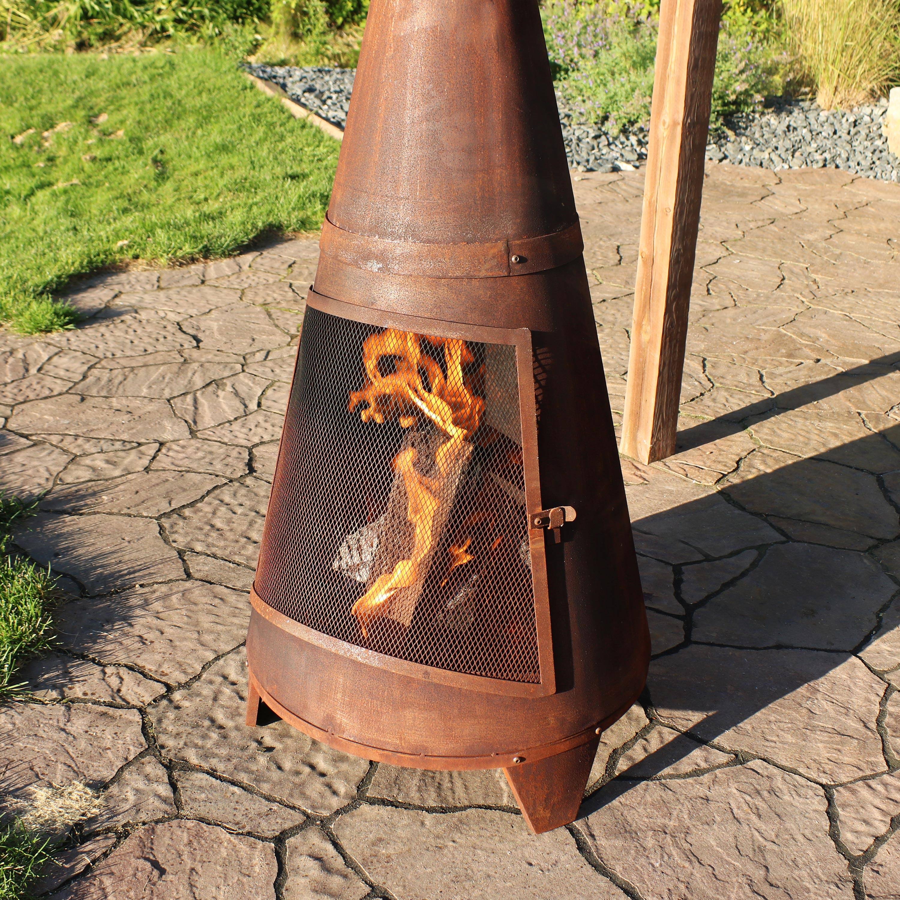 Alt View 9. Sunnydaze - 70 in Steel Wood Burning Chiminea Fire Pit with Rain Cap - Rustic - Dark Orange.