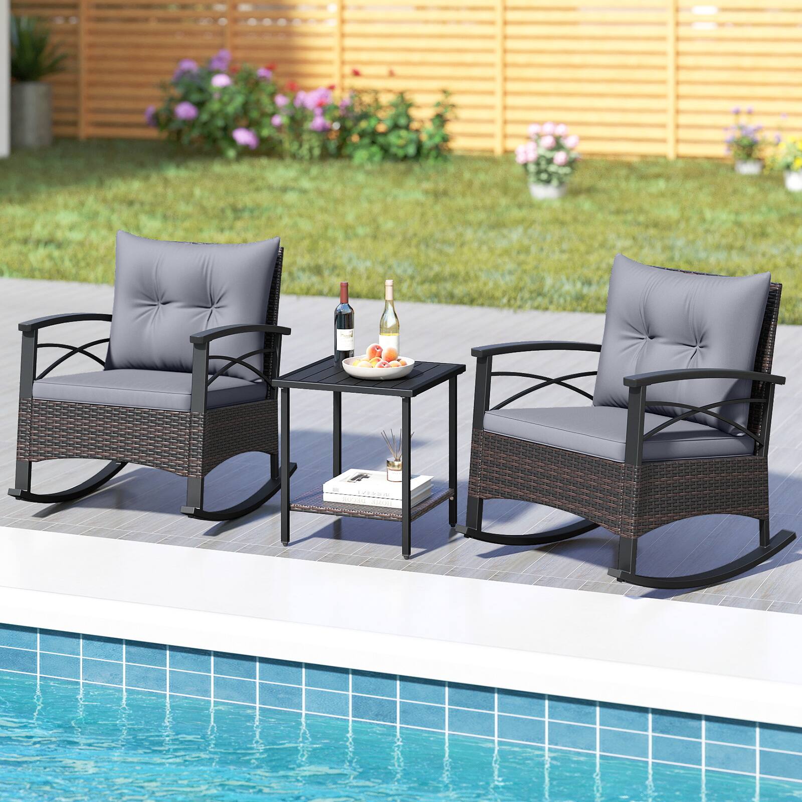Alt View 4. Costway - 3 PCS Patio Rocker Set with 2-Tier Coffee Table & Soft Seat Back Cushions Outdoor - Mix Brown + Grey.