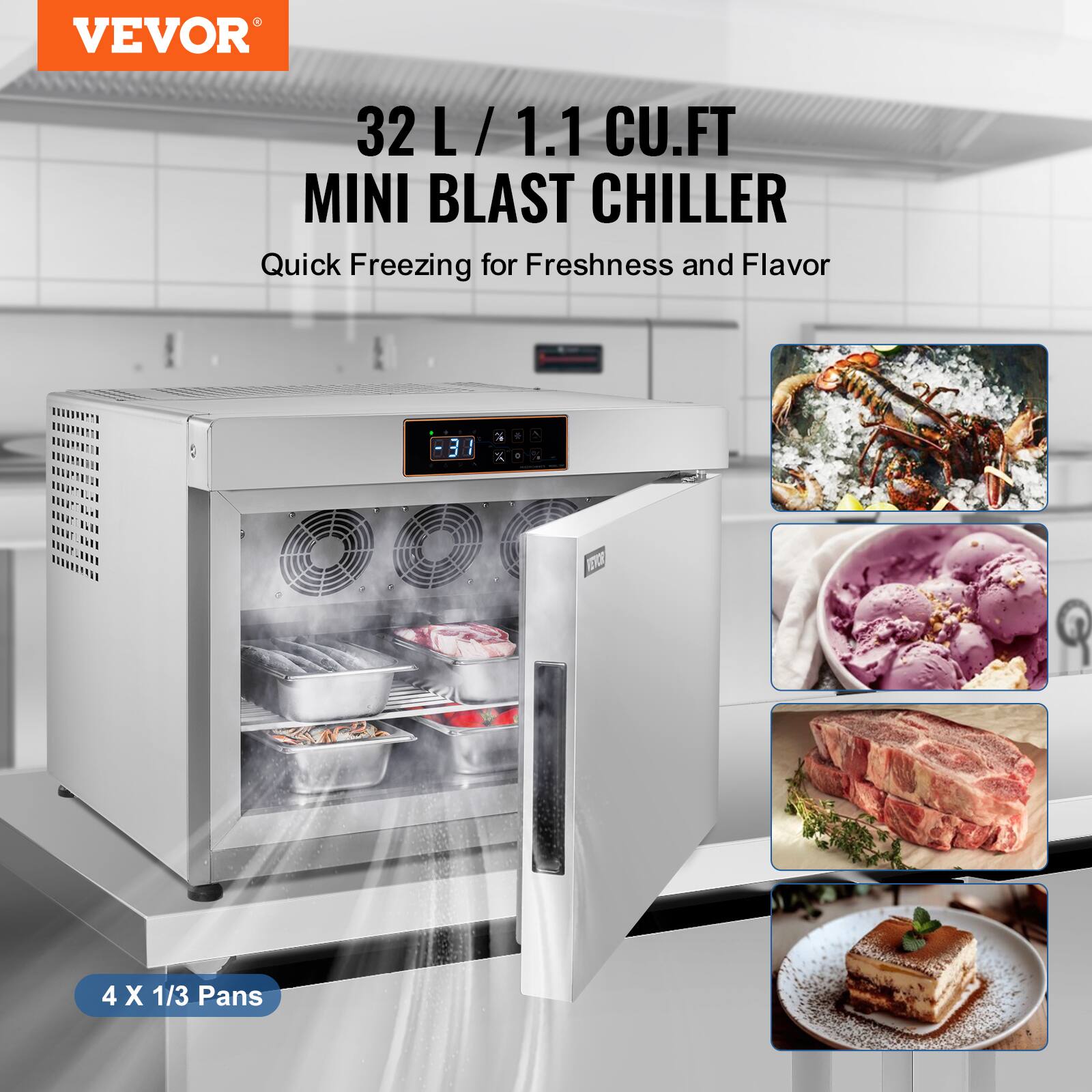 VEVOR

32 L / 1.1 CU.FT  
MINI BLAST CHILLER  
Quick Freezing for Freshness and Flavor

4 X 1/3 Pans