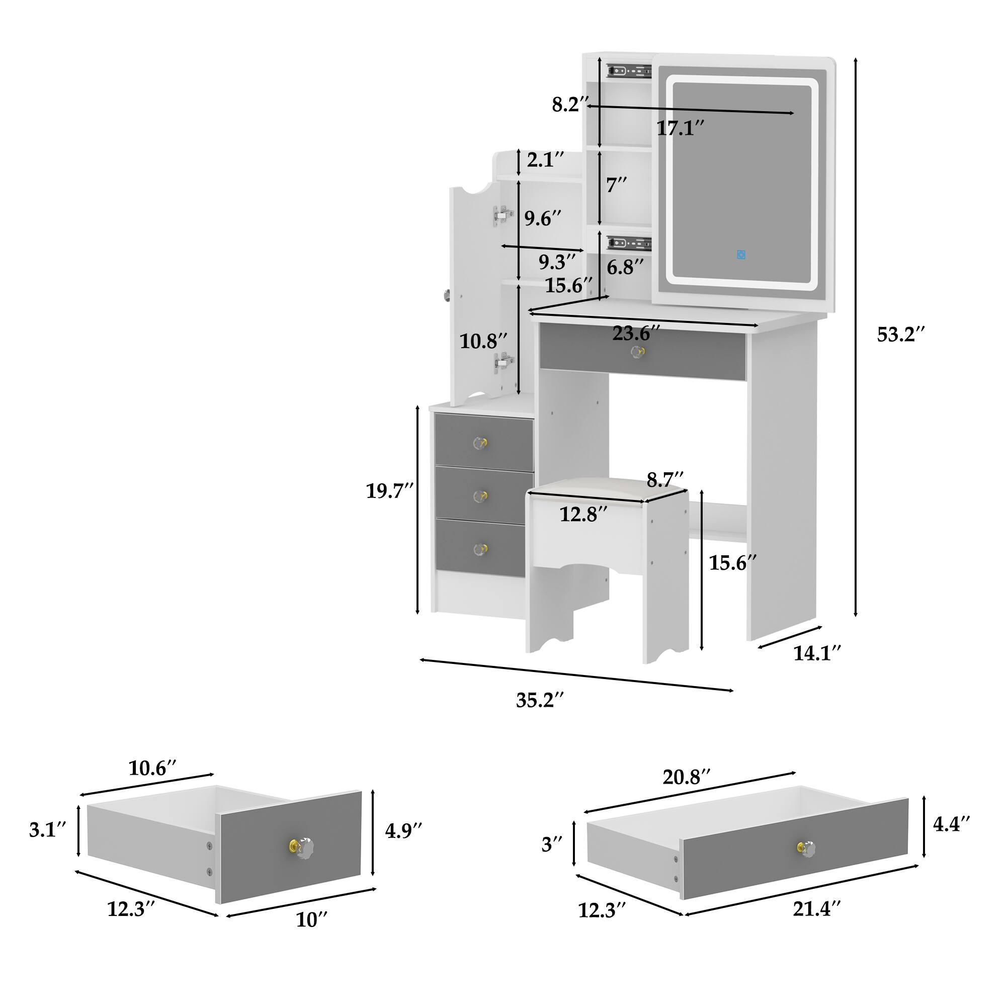 Here is the corrected and grouped text from the image:

**Main Dimensions:**
- 53.2"
- 35.2"
- 19.7"
- 14.1"

**Top Section:**
- 17.1"
- 8.2"
- 2.1"
- 7"
- 9.6"
- 9.3"
- 6.8"
- 15.6"
- 23.6"

**Middle Section:**
- 10.8"
- 12.8"
- 8.7"
- 15.6"

**Bottom Section:**
- 10.6"
- 20.8"
- 3.1"
- 4.9"
- 3"
- 4.4"
- 12.3"
- 10"
- 12.3"
- 21.4"