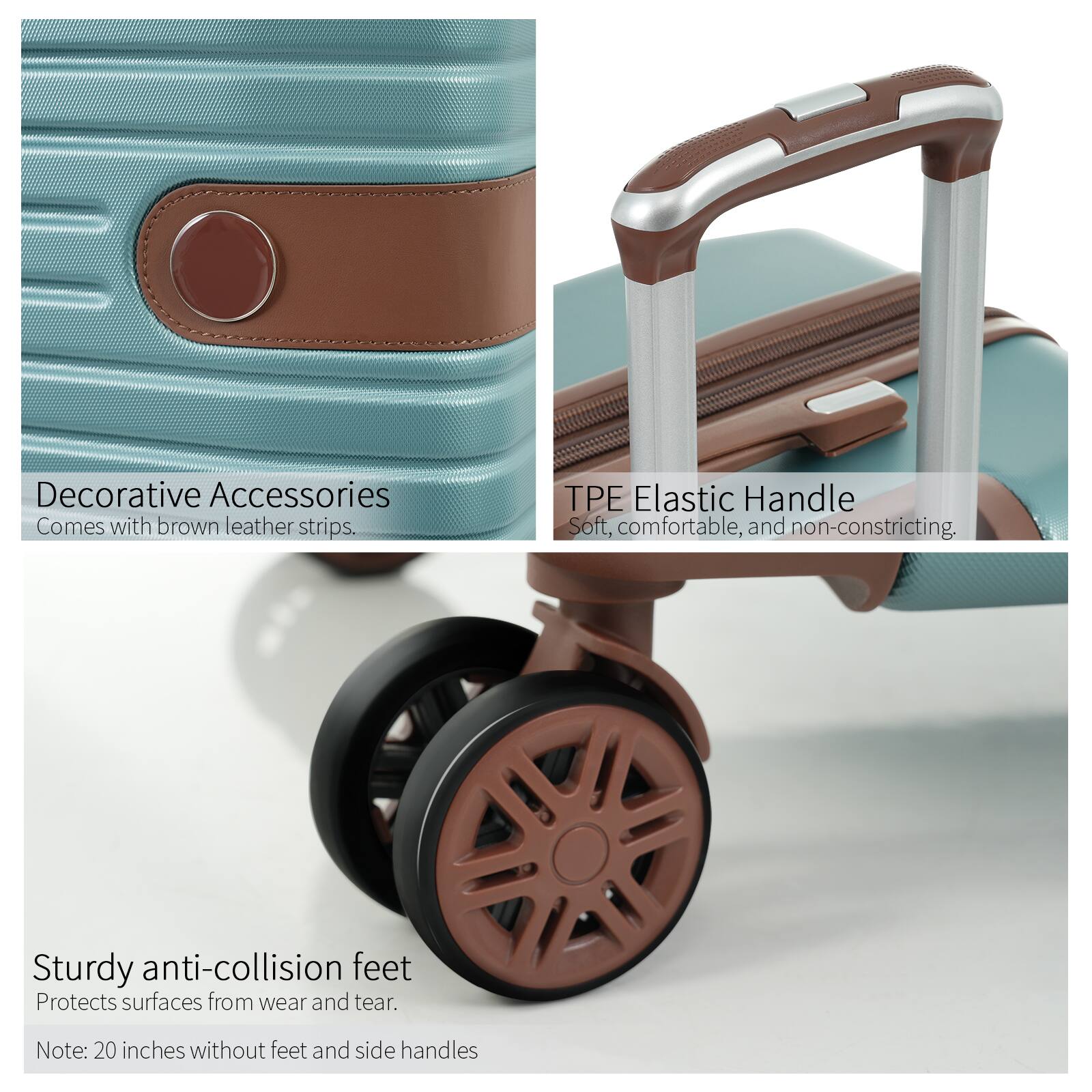 Decorative Accessories  
Comes with brown leather strips.

TPE Elastic Handle  
Soft, comfortable, and non-constricting.

Sturdy anti-collision feet  
Protects surfaces from wear and tear.

Note: 20 inches without feet and side handles