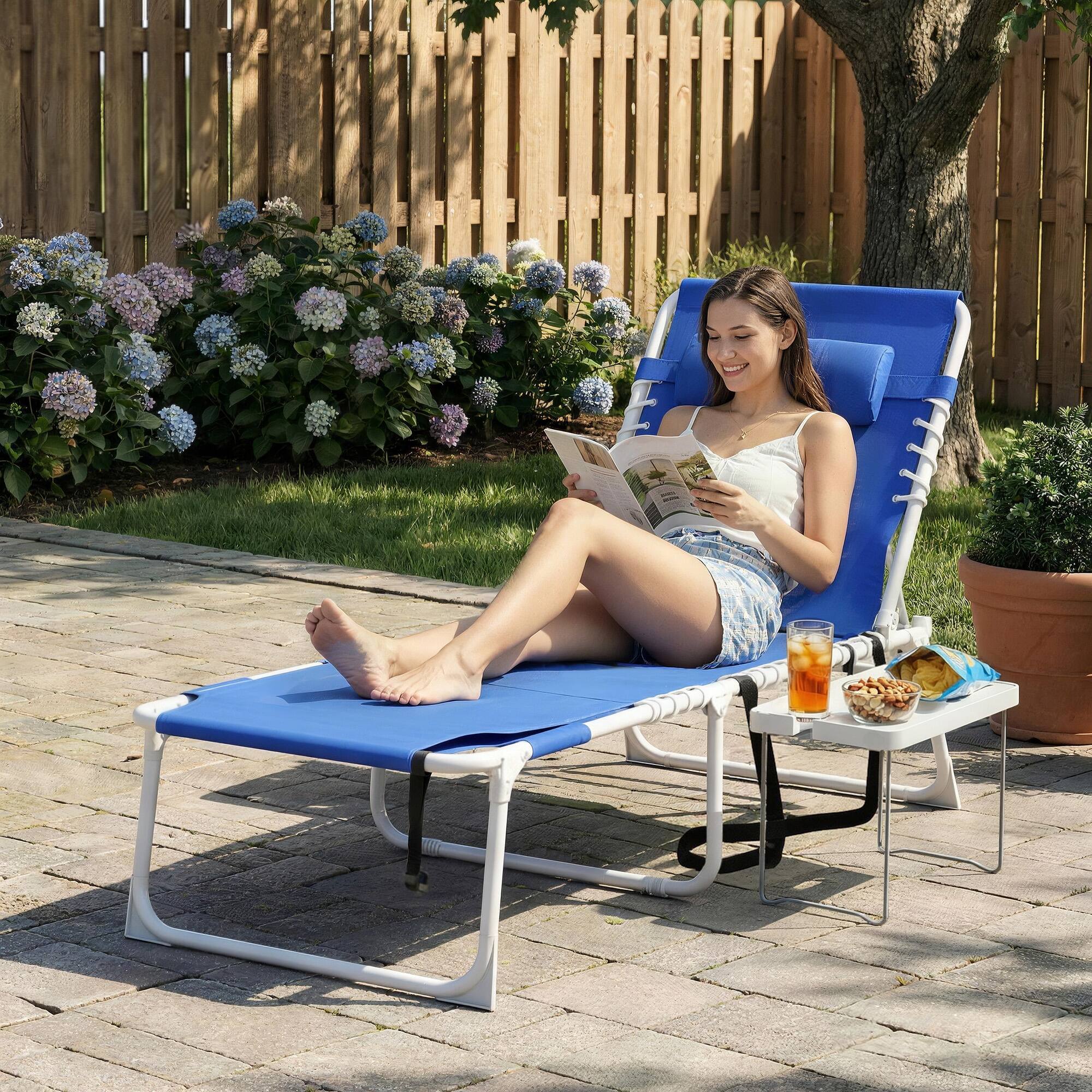 Alt View 1. Outsunny - Chair with Face Hole and Side Table, 5-Position Folding Outdoor Chaise Lounge Chair - Navy Blue.