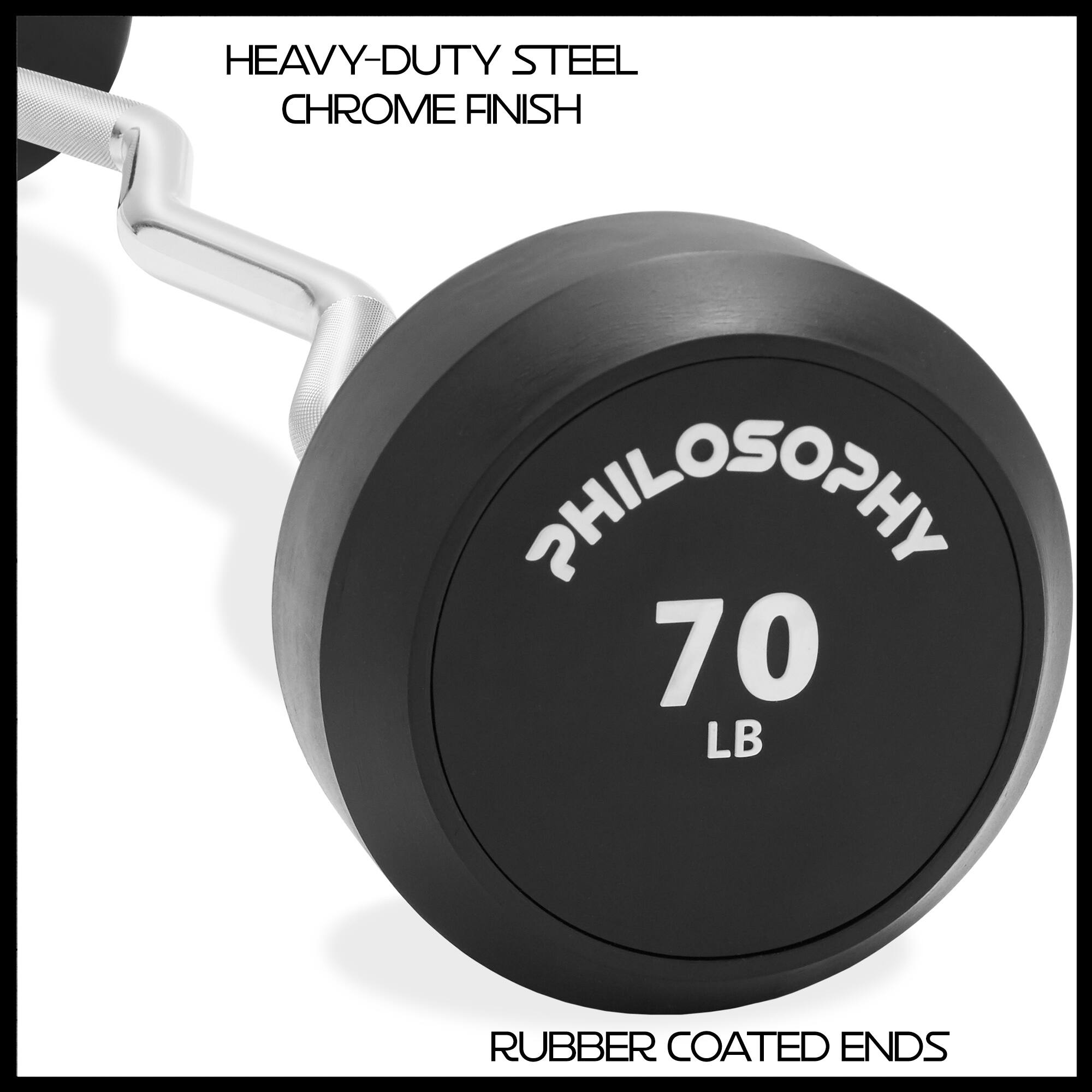 HEAVY-DUTY STEEL  
CHROME FINISH  

PHILOSOPHY  
70 LB  

RUBBER COATED ENDS