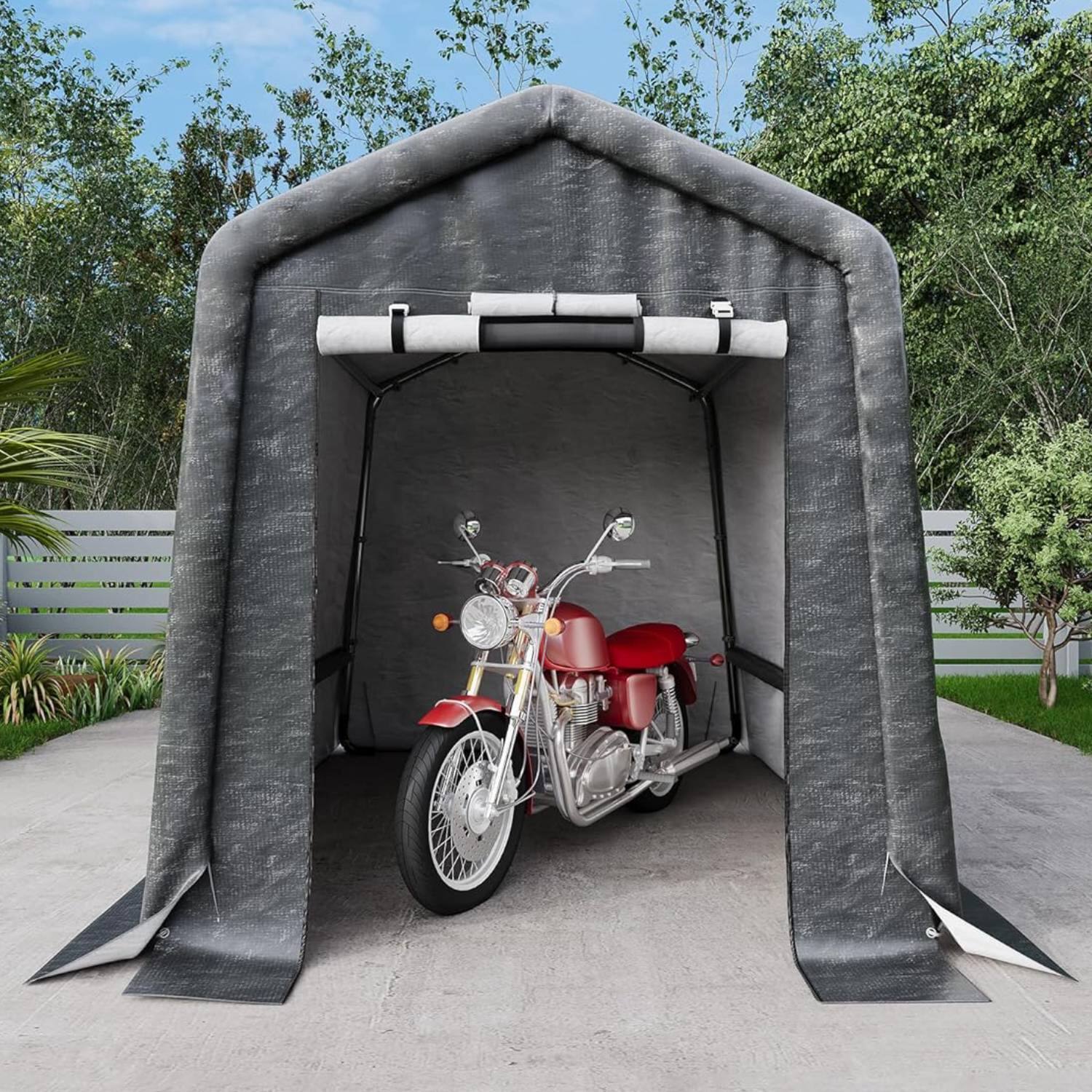 Qeetex - 6x8 FT Portable Outdoor Storage Shed, Carport for Motorcycle, Firewood, Garden and Tools, Grey - Gray