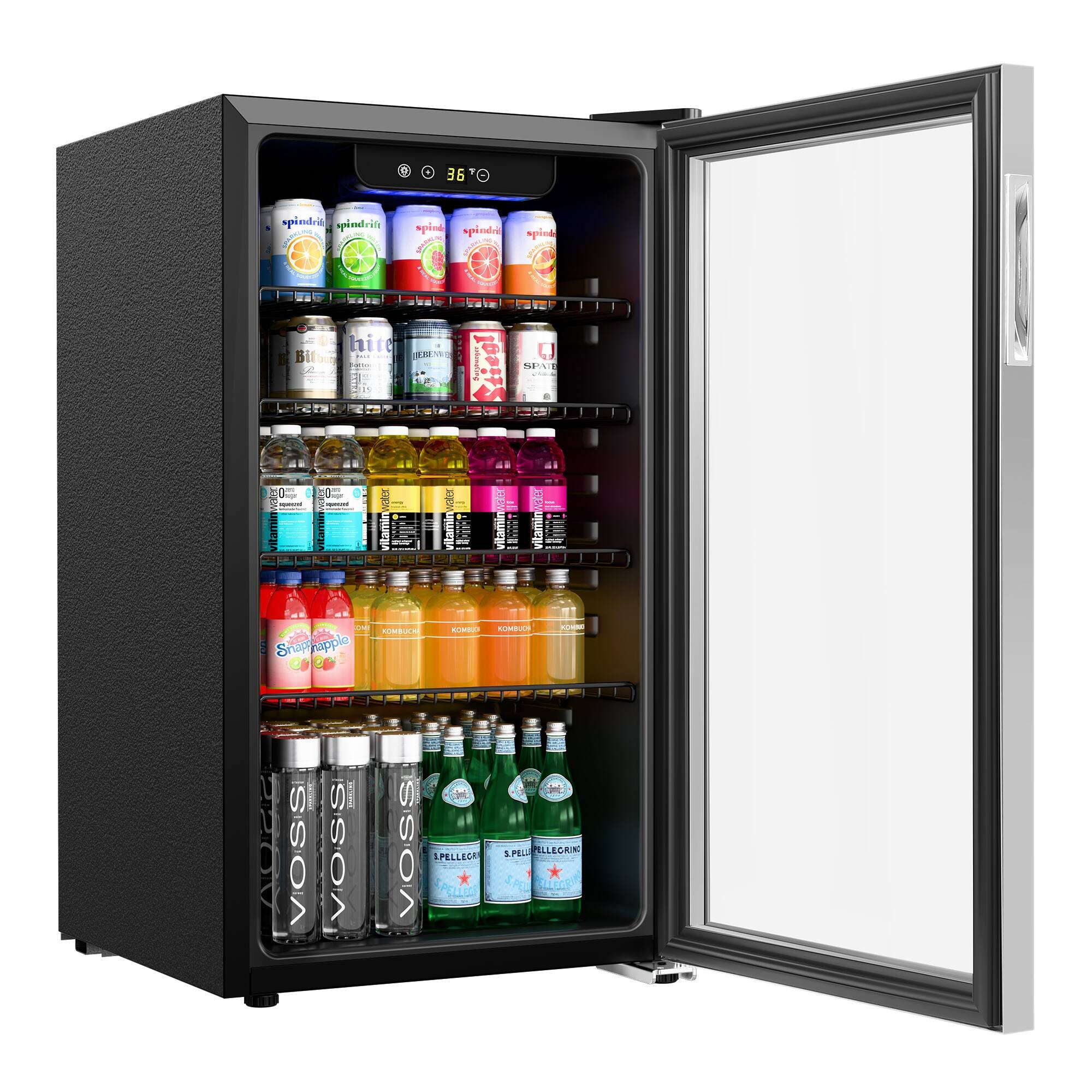 The image shows a refrigerator filled with a variety of drinks. There are multiple bottles of water, juice, and soda inside the refrigerator. The refrigerator is stocked with a total of 36 drinks, including both alcoholic and non-alcoholic options. The drinks are organized in different sections, making it easy for customers to find their desired beverage. The refrigerator is open, allowing customers to view the entire selection of drinks available.