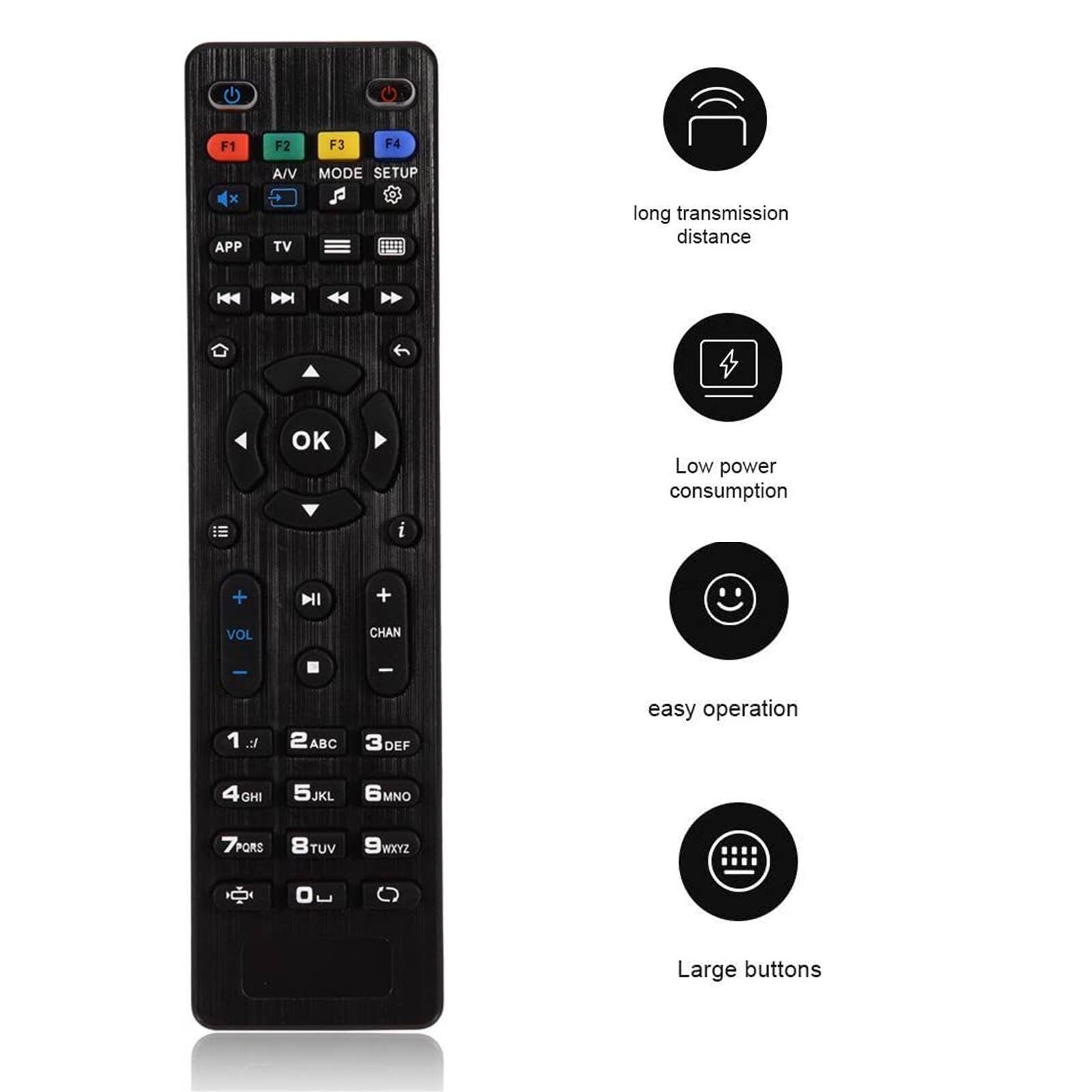 F1  
F2  
F3  
F4  
A/V  
MODE  
SETUP  
APP  
TV  
long transmission distance  
Low power consumption  
easy operation  
Large buttons  

VOL  
CHAN  

1  
2 ABC  
3 DEF  
4 GHI  
5 JKL  
6 MNO  
7 PQRS  
8 TUV  
9 WXYZ  
0