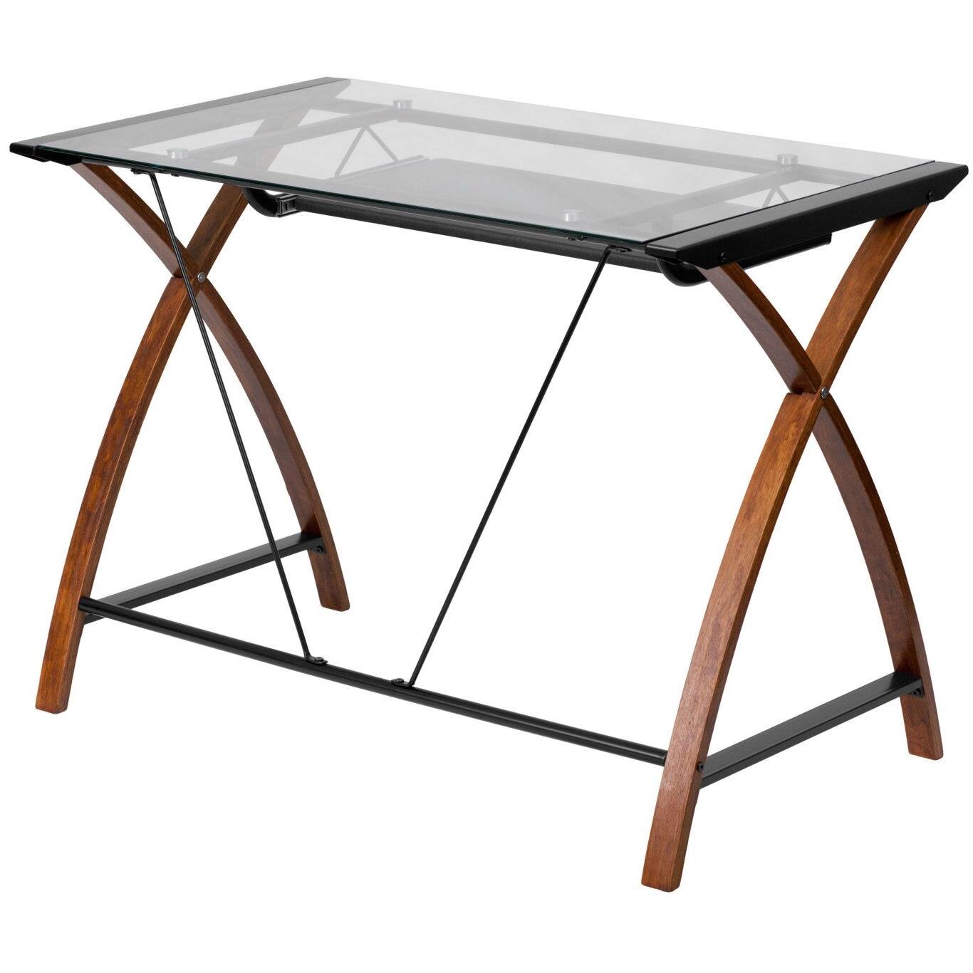 Angle. Hivvago - Modern Cherry Finish Glass Top Writing Table Computer Desk with Keyboard Tray - Cherry.