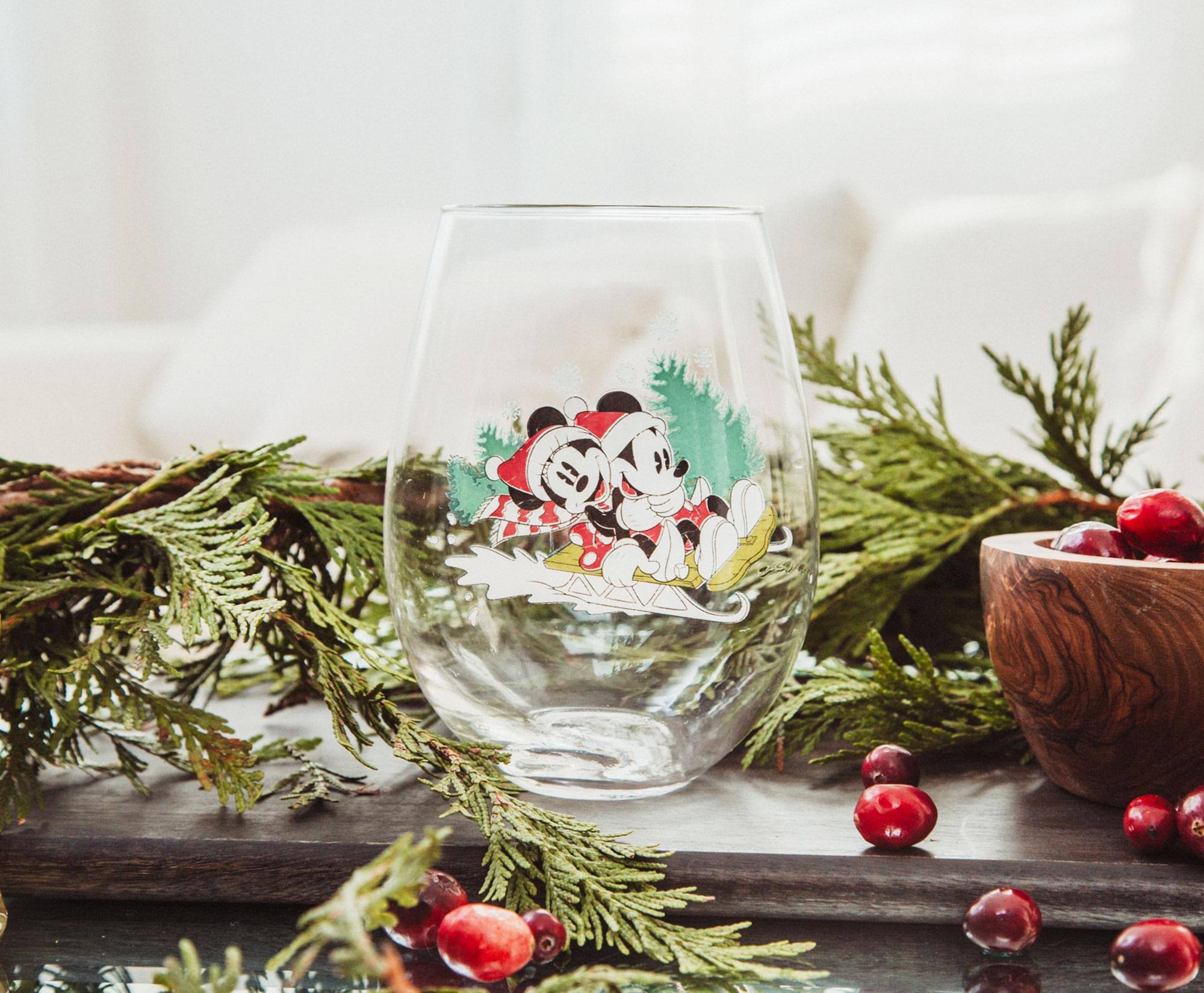 Alt View 10. Silver Buffalo - Disney Mickey and Minnie Christmas Sled Stemless Wine Glass | Holds 34 Ounces - Red.