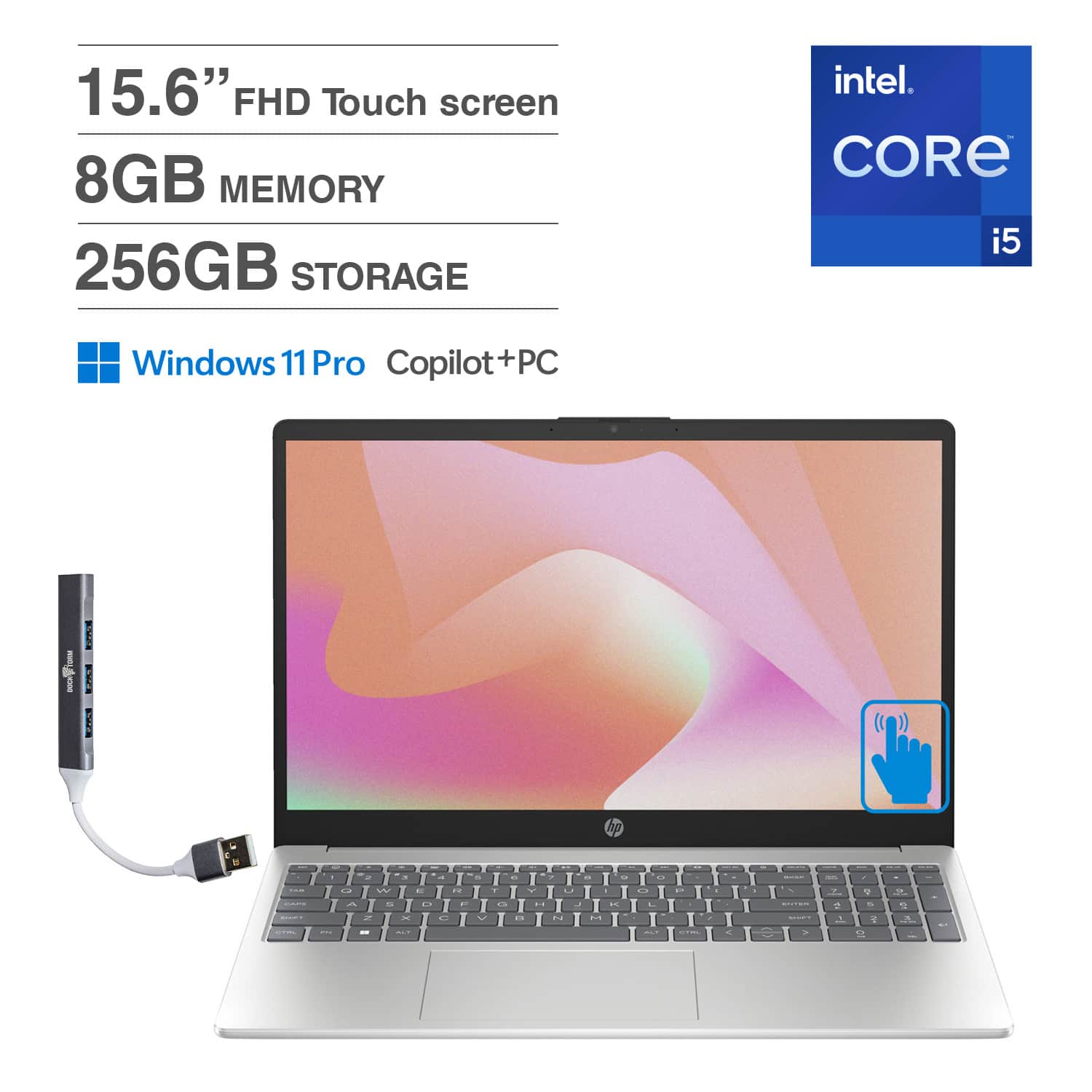 HP - 15t-fd000 Laptop 15.6 FHD (Intel i5-1334U, 8GB DDR4, 256GB PCIe SSD, Intel UHD, Win 11 Home) w/USB Hub - Natural Silver