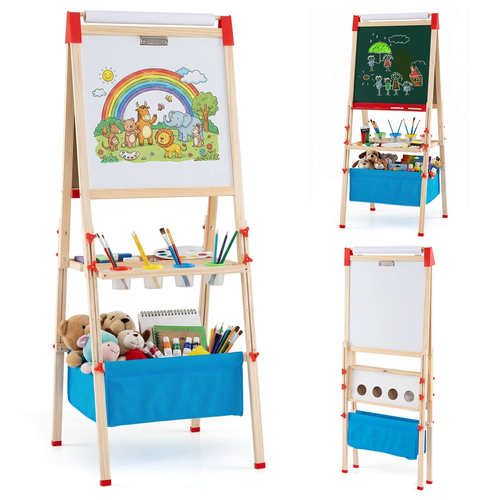Alt View 9. Costway - Costway 3-In-1 Height Adjustable Magnetic Whiteboard & Chalkboard with Drawing Paper Roll - Natural + Red + Blue.