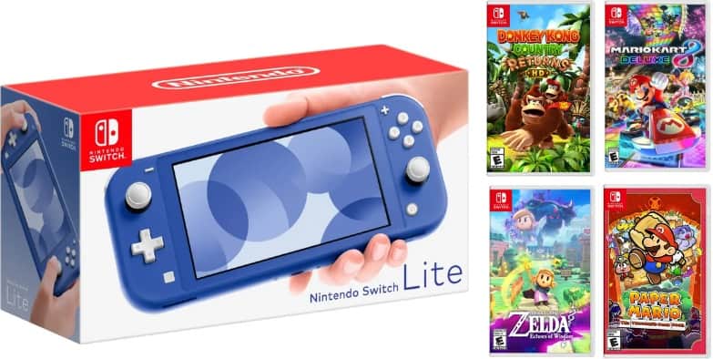 Switch Lite Kids Bundle With Donkey Kong, Zelda, Mario Kart, & Paper Mario - Nintendo Switch
