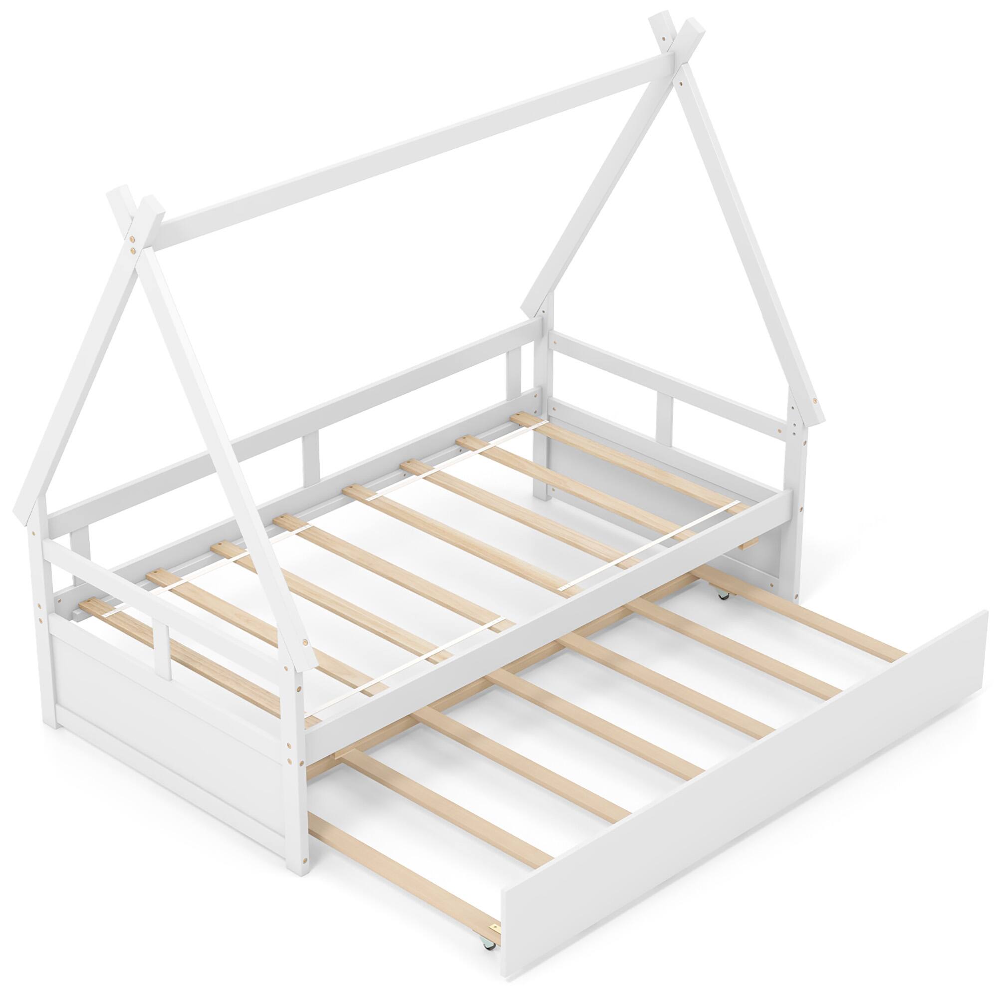 Alt View 1. Gymax - Gymax Twin Size House Bed w/ Trundle Roof & Safety Guardrail Wood Slat Support White - White.