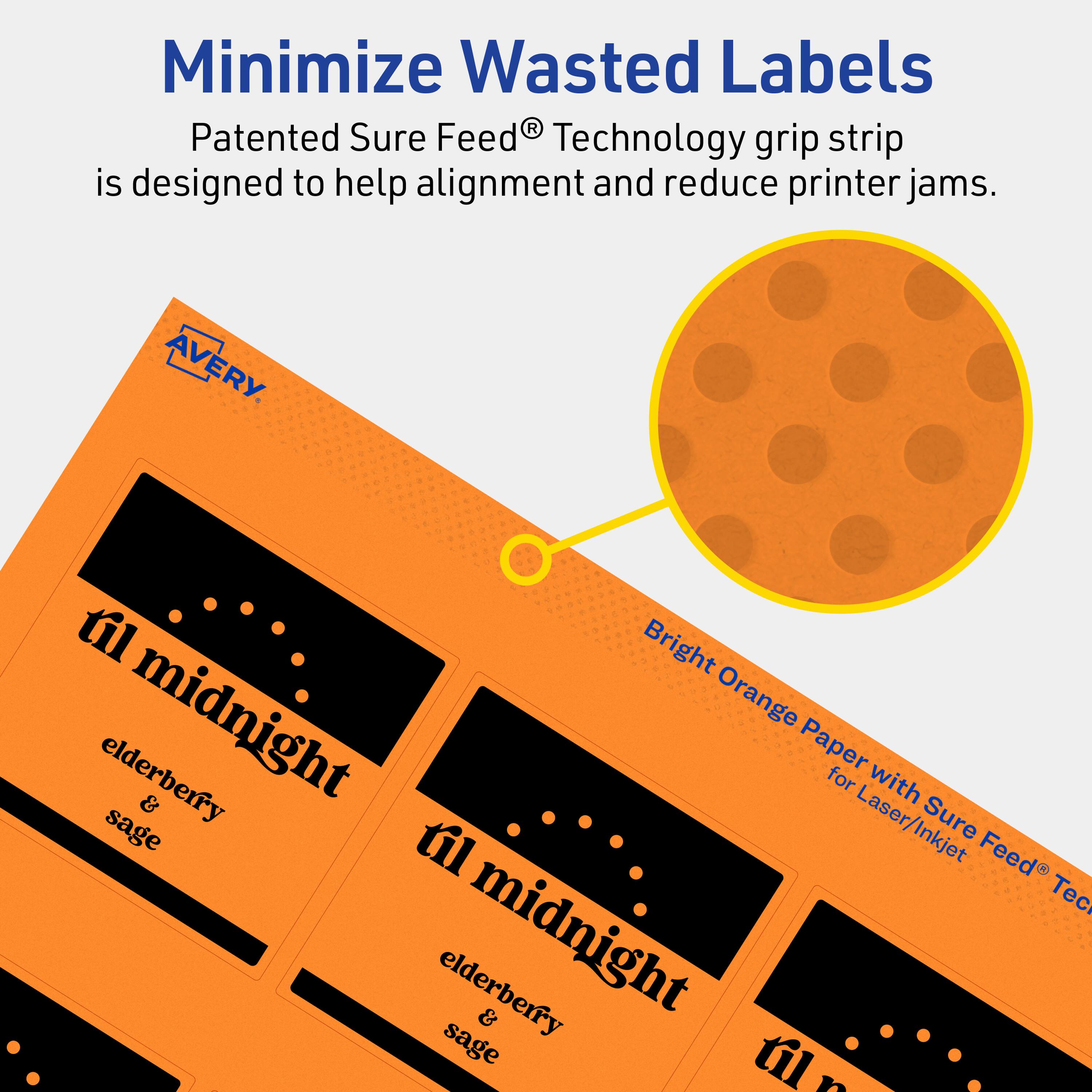 Minimize Wasted Labels

Patented Sure Feed® Technology grip strip is designed to help alignment and reduce printer jams.

Bright Orange Paper with Sure Feed® Technology for Laser/Inkjet

til midnight elderberry & sage