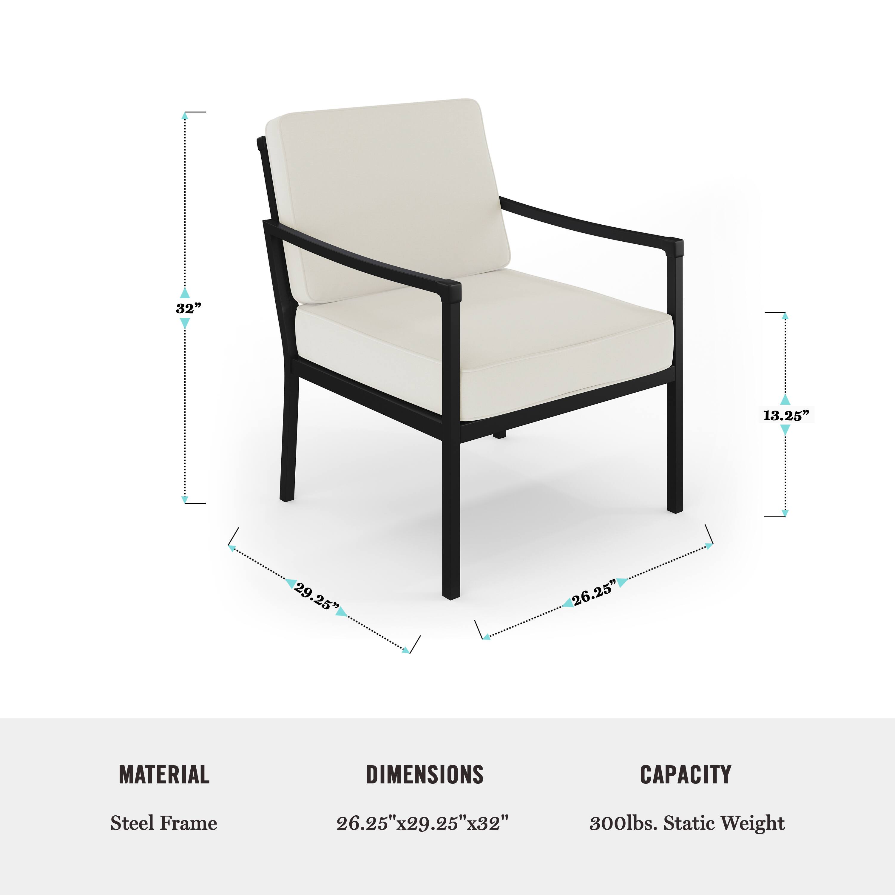 Material: Steel Frame
Dimensions: 26.25" x 29.25" x 32"
Capacity: 300lbs. Static Weight
