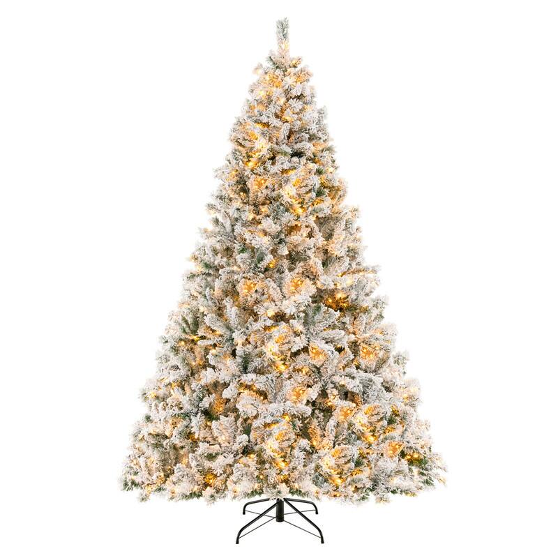 Front. WELLFOR - 8ft Pre‑lit Snow‑Flocked Hinged Artificial Christmas Tree with 1370 Branch Tips &600 LED Lights for Xmas Decorated - Green & White.