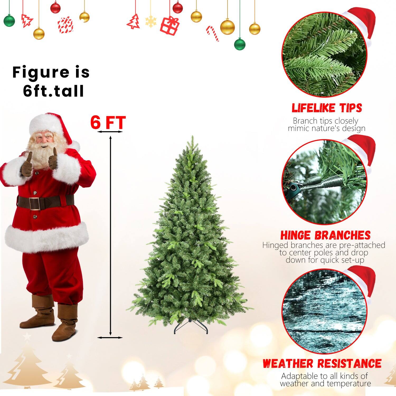 - Figure is 6ft. tall
- 6 FT
- LIFELIKE TIPS: Branch tips closely mimic nature's design
- HINGE BRANCHES: Hinged branches are pre-attached to center poles and drop down for quick set-up
- WEATHER RESISTANCE: Adaptable to all kinds of weather and temperature