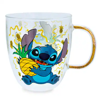 Front. Disney - Disney Lilo & Stitch Pineapples Glitter Handle Glass Mug | 14 Ounces - Blue.