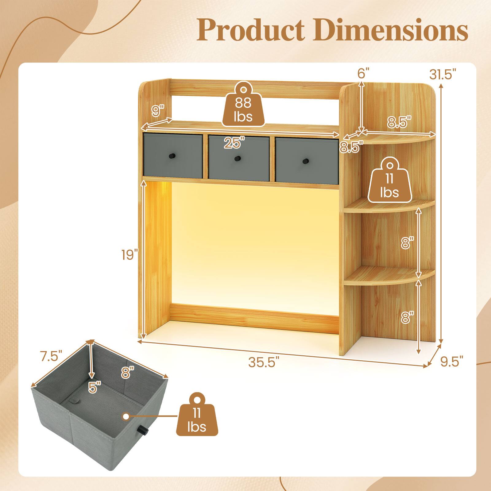 Product Dimensions

- 6"
- 31.5"
- 9"
- 88 lbs
- 25"
- 8.5"
- 8.5" (O)
- 11 lbs
- 19"
- 7.5"
- 5"
- 8"
- 35.5"
- 9.5"