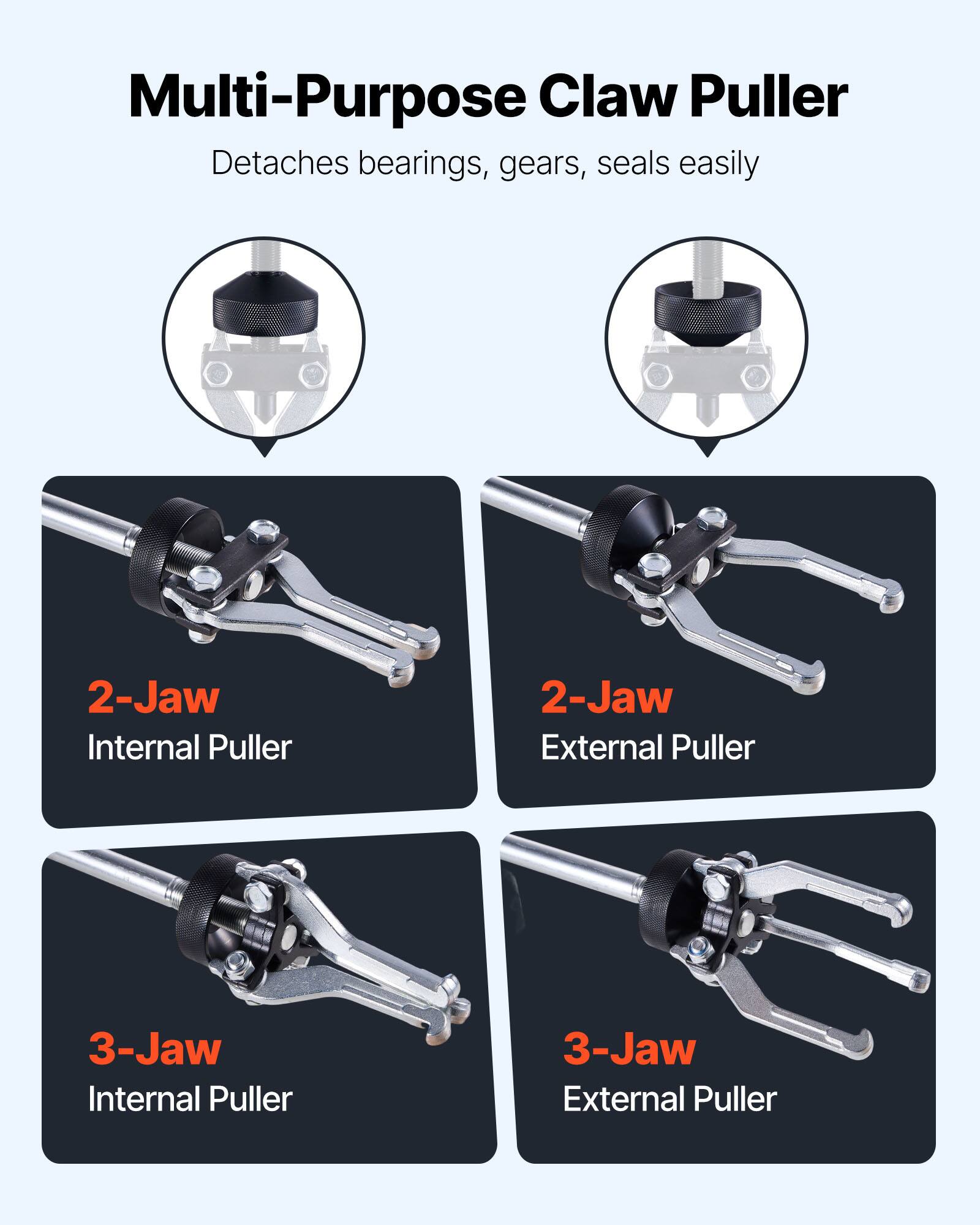 Multi-Purpose Claw Puller  
Detaches bearings, gears, seals easily  

2-Jaw Internal Puller  
2-Jaw External Puller  
3-Jaw Internal Puller  
3-Jaw External Puller
