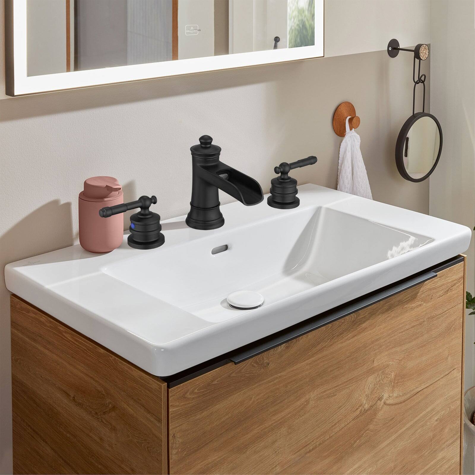 Alt View 2. Boyel Living - Classic 8 Inch Widespread Double Handle Brass Bathroom Faucet with Pop Up Drain and Water Supply Hoses in Matte Black - Matte Black.