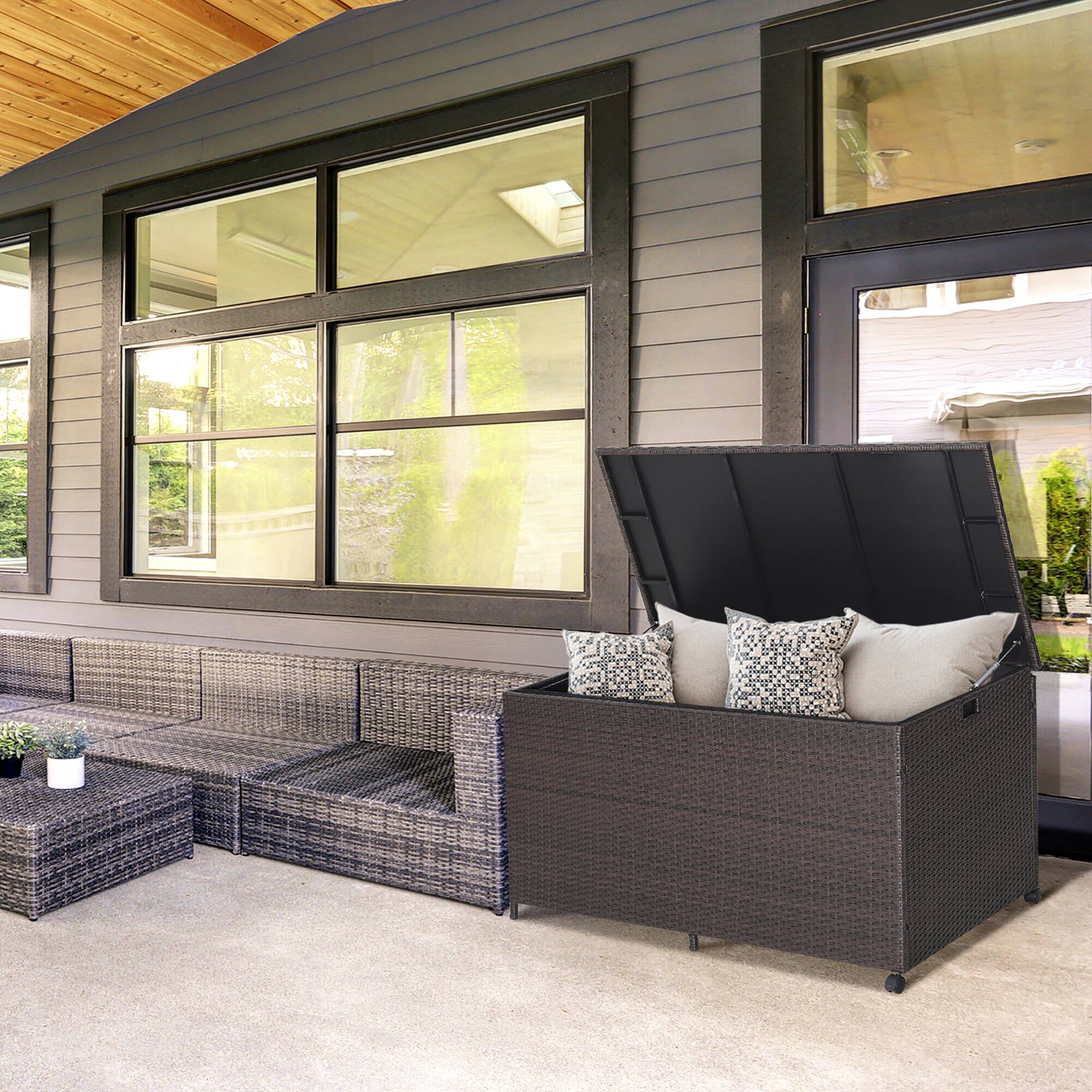 Alt View 2. Gymax - Gymax 133 Gallon Outdoor PE Wicker Storage Box Mix Brown Rattan Deck w/ Waterproof Liner - Mix Brown.