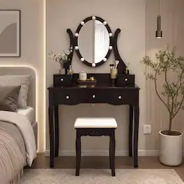 WELLFOR - Makeup Vanity Table Set with 360° Rotatable Oval Mirror, 5 Drawers, Dressing Table with Padded Stool for Bedroom - Coffee