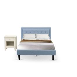East West Furniture - FN11F-1GA0C 2-Piece Platform Full Bedroom Set with 1 Full Bed Frame and a Wooden Night Stand - Linen Fabric - Denim Blue