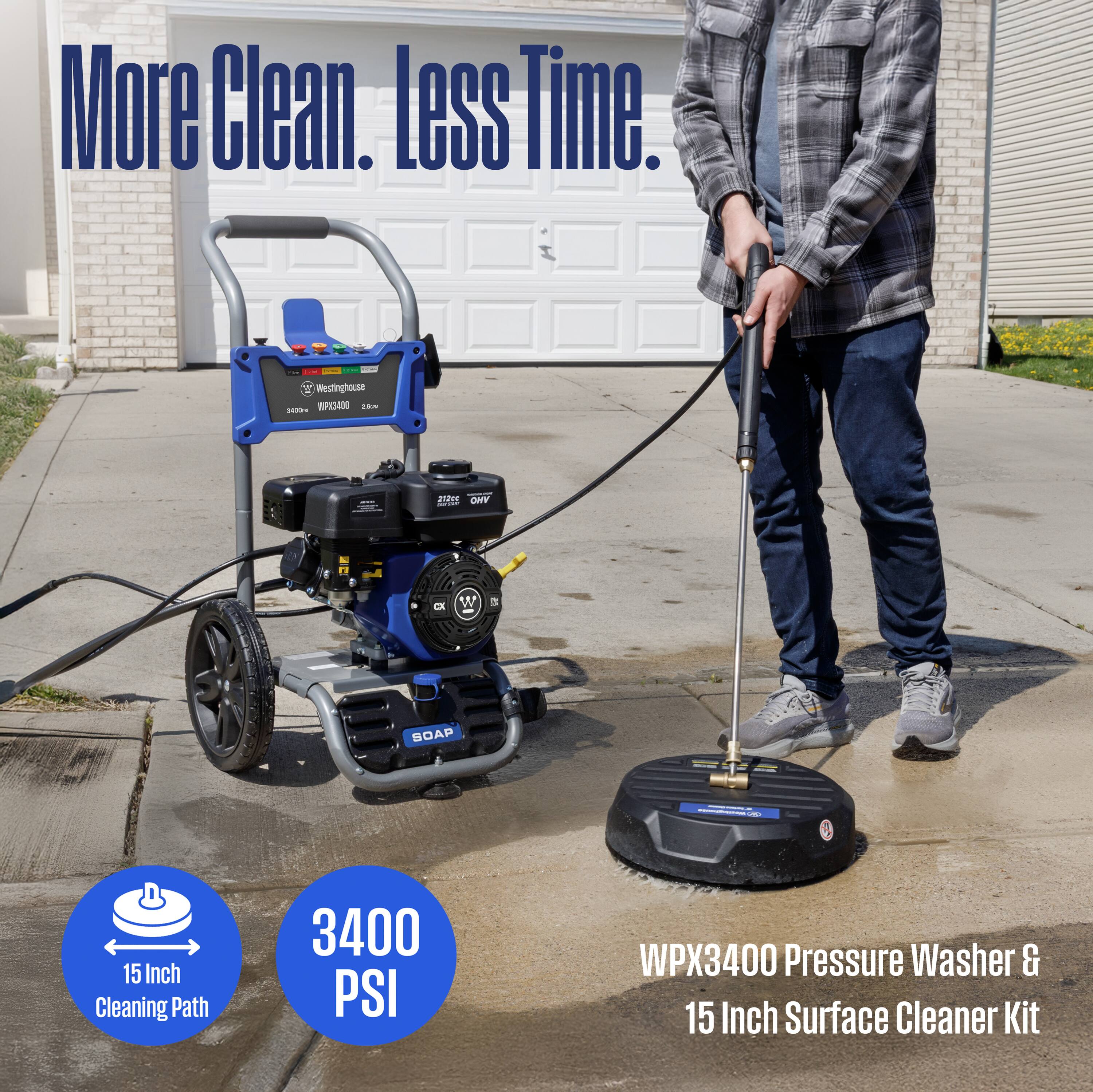 More Clean. Less Time. - Westinghouse WPX3400 15 Inch Cleaning Path 3400 PSI Pressure Washer & 15 Inch Surface Cleaner Kit
