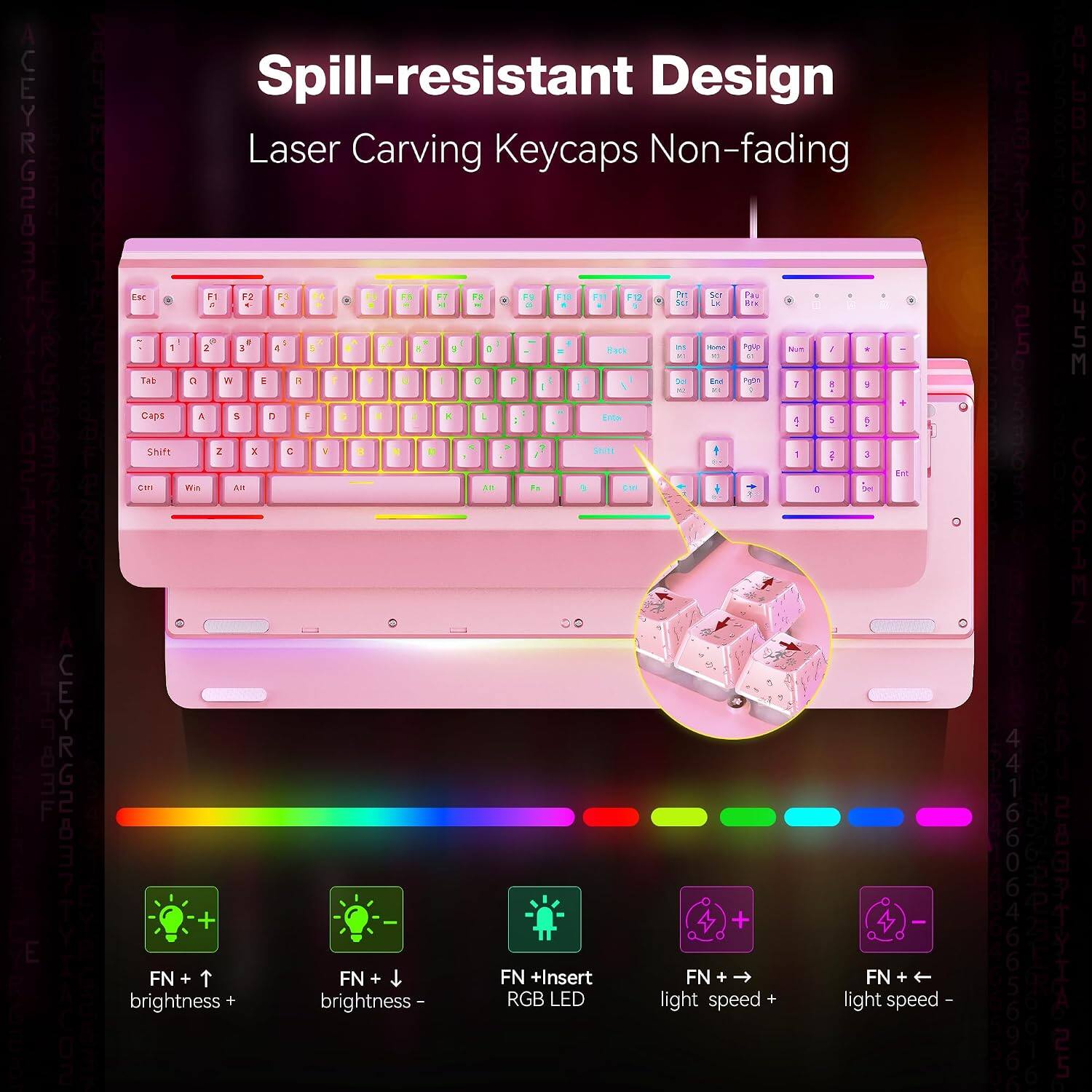 Spill-resistant Design Laser Carving Keycaps Non-fading

Esc
F1
F2
F3
F4
F5
F6
F7
F8
F9
F10
F11
F12
Prt Scr
Pau Bk
(0 2
I E
4
a
5
I
I
Back
DI
keep
0
Noth
I
Tat
0
W
E
F
i
|
D
F
Agon
7
8
...
Caps
&
5
7
:
D
1
K
L
ENON
...
Shift
Z
X
:
F
#
6

>
?
Shift
-
...
3
Ent
CIFI
An
Alt
Fa
(10
0
So
FN + brightness +
FN + brightness -
FN + Insert RGB LED
FN + light speed +
FN + light speed -
4 4 1 6 6 0 6 4 6 6 5
8 E